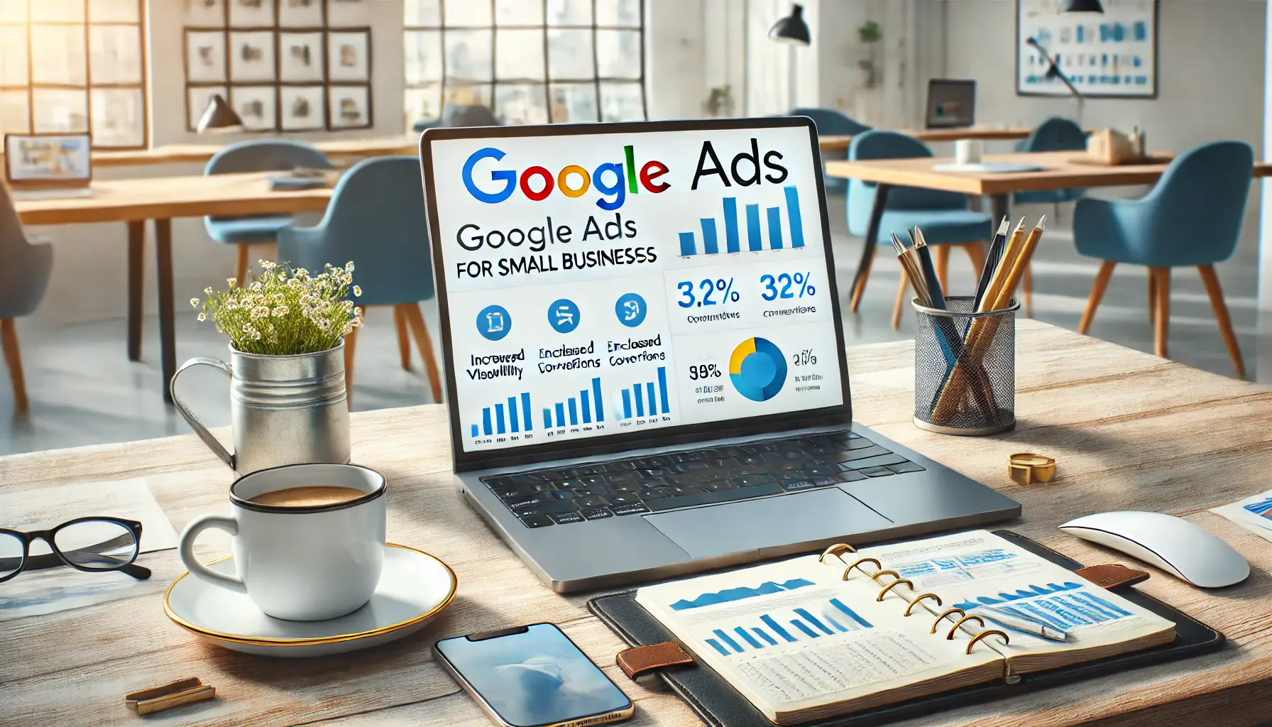 A laptop displaying Google Ads campaign data showing positive impacts on small businesses, set on a desk with a coffee mug, notebook, and smartphone.