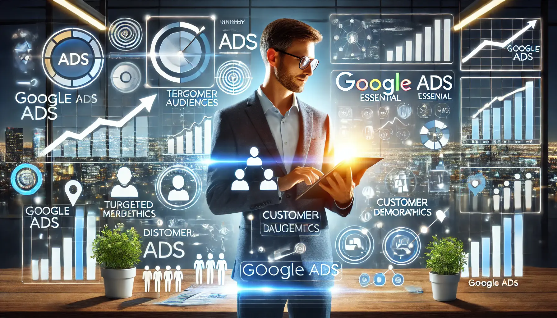 A small business owner analyzing a glowing Google Ads dashboard on a tablet, surrounded by charts, customer demographics, and digital marketing connections.