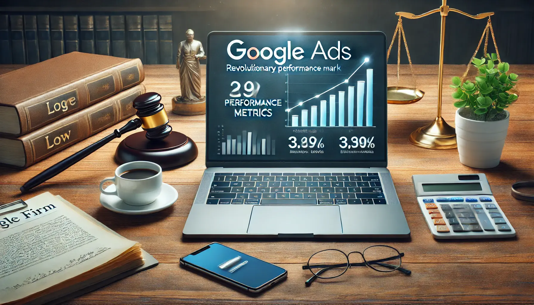 A modern office desk with a laptop displaying a Google Ads dashboard for a law firm, with increasing performance metrics and nearby legal documents, a gavel, a coffee cup, and a smartphone.