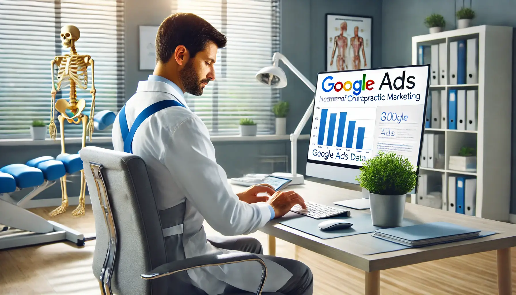 A chiropractor in a modern clinic analyzing Google Ads data or performance metrics on a computer or tablet.