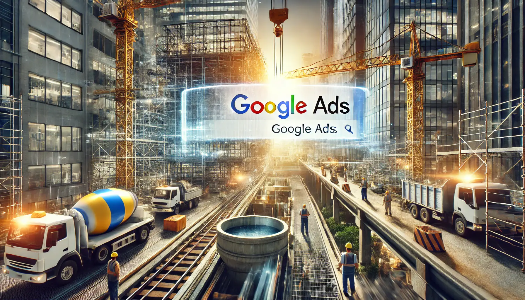 Urban construction site with cranes and workers, alongside a digital Google Ads platform interface, representing targeted marketing in construction.