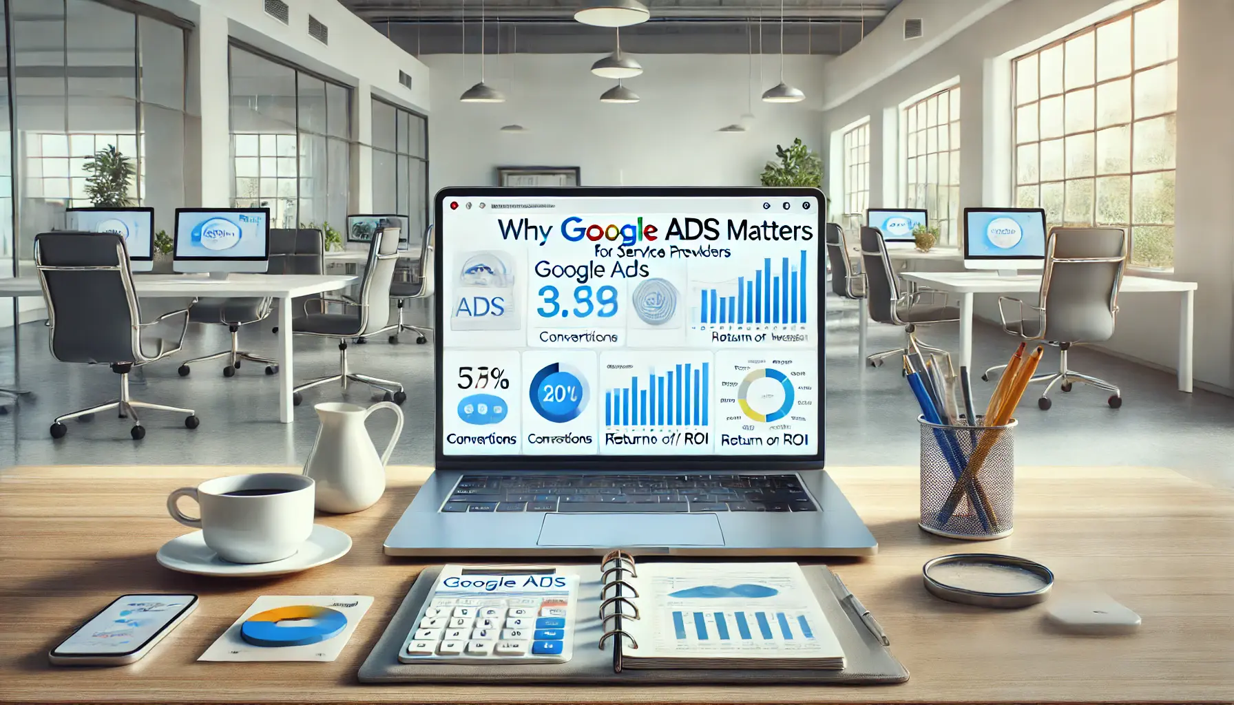 A modern office workspace with a laptop displaying a Google Ads campaign dashboard with highlighted metrics like conversions and ROI, surrounded by a notepad, pen, and coffee cup.