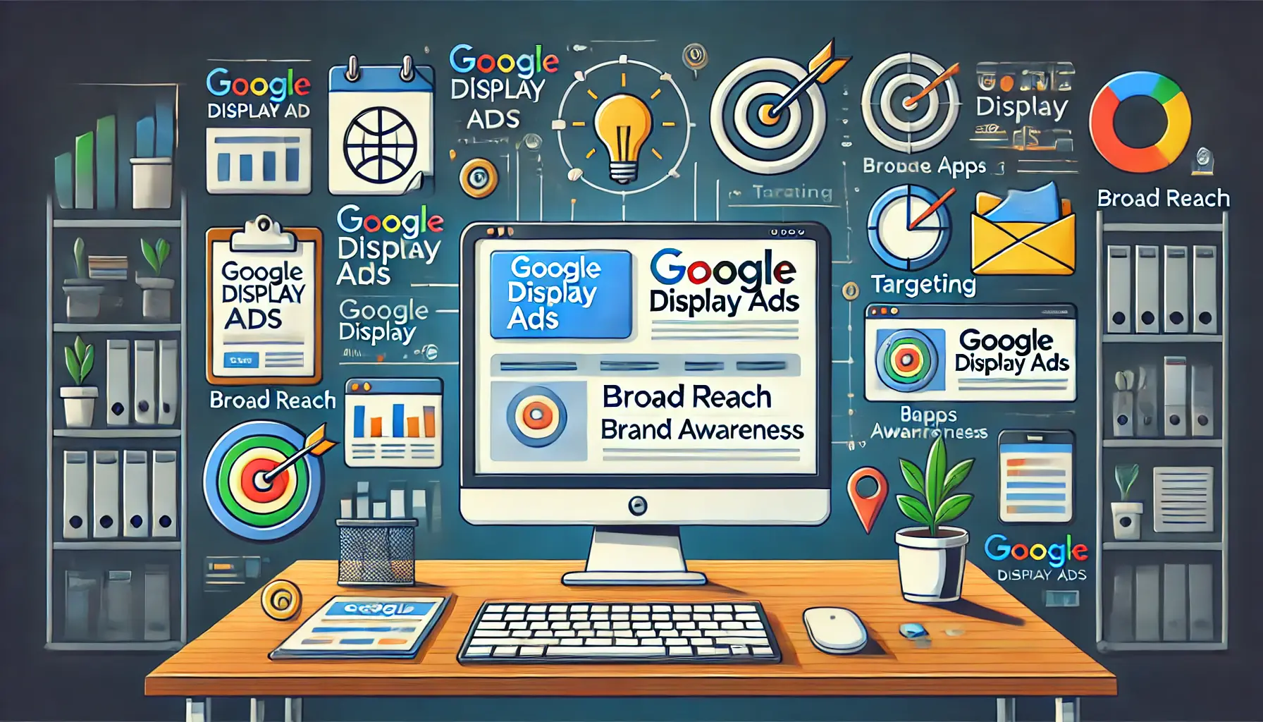 A professional workspace with a computer displaying a Google Display Ads campaign, featuring ad placements across websites, apps, and videos, surrounded by icons for broad reach, targeting, and brand awareness.