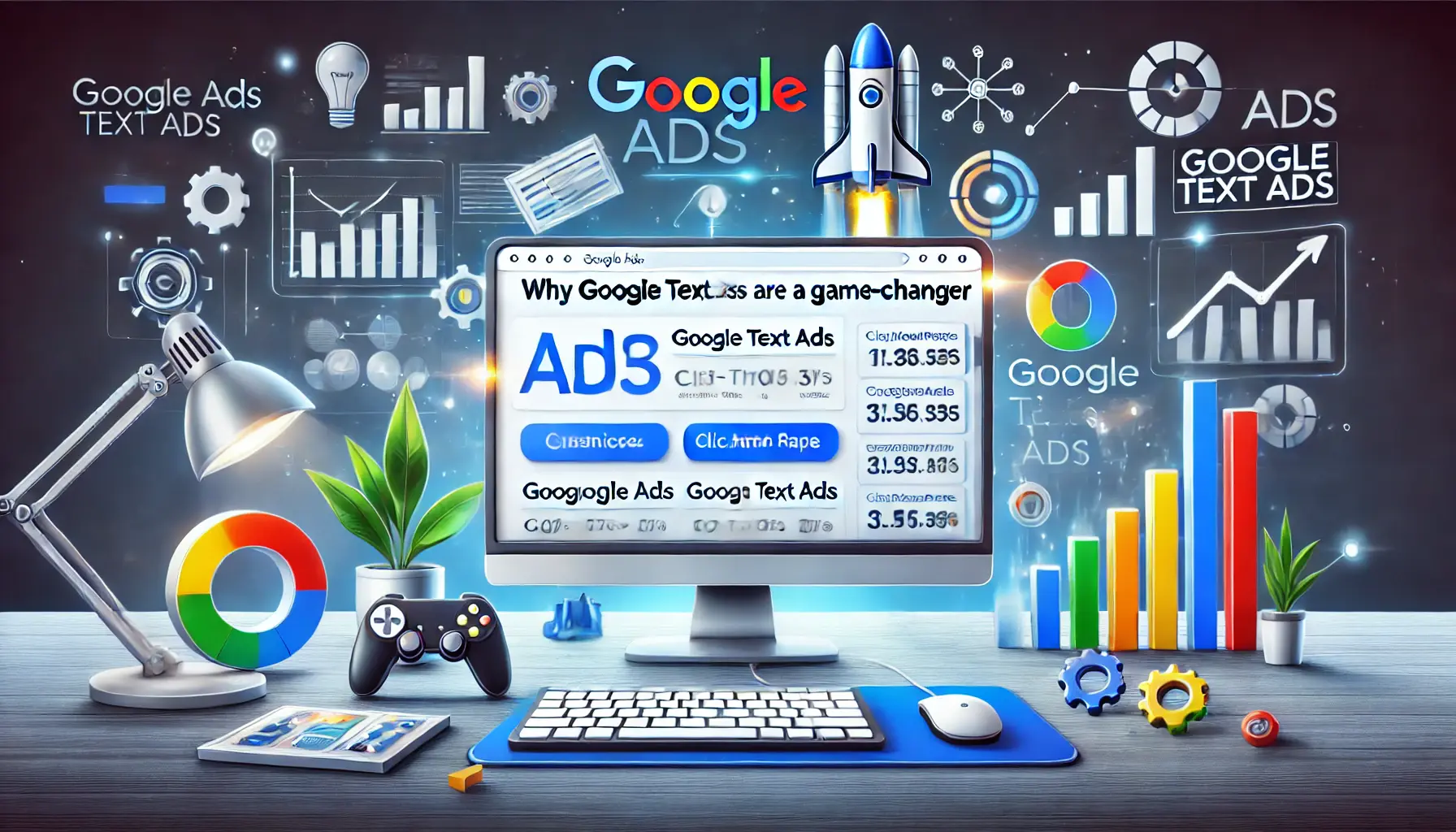 A computer screen displaying a Google Ads campaign with high engagement metrics, surrounded by symbols like a game controller, rocket, and chess piece, in a modern workspace.