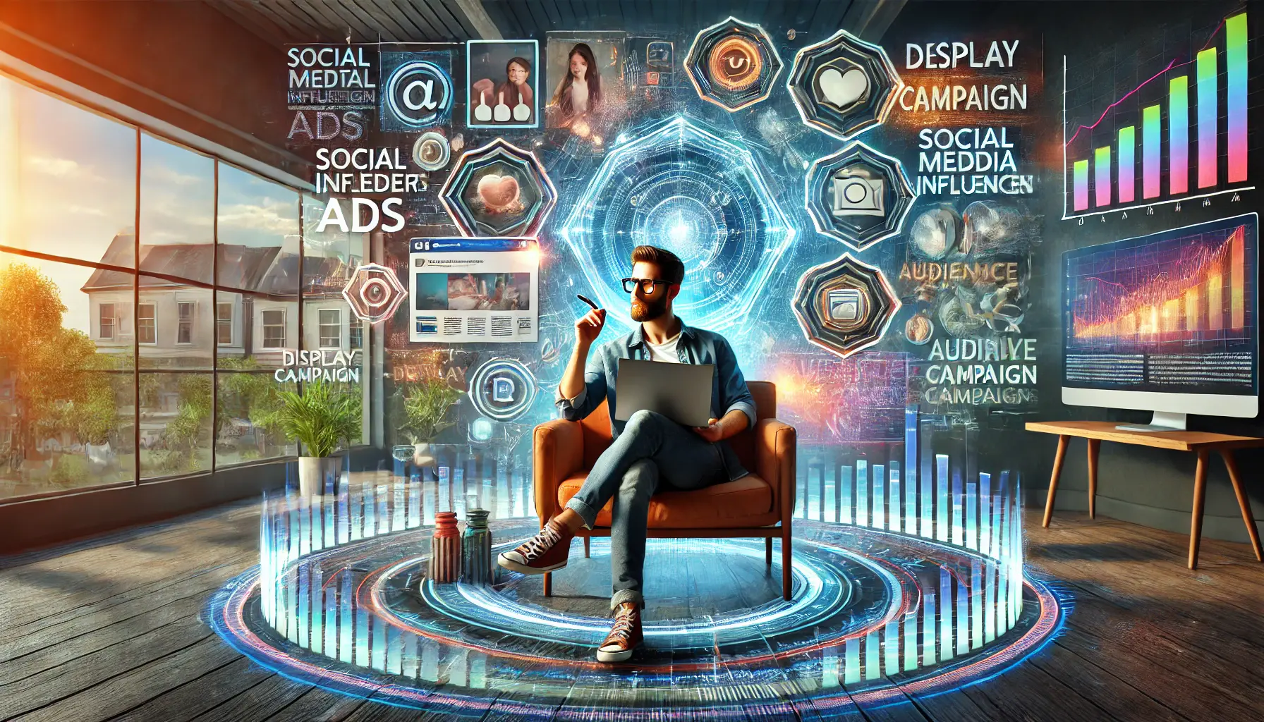 A social media influencer in a modern setting with a laptop and smartphone, surrounded by dynamic visuals of brand logos and audience engagement metrics.