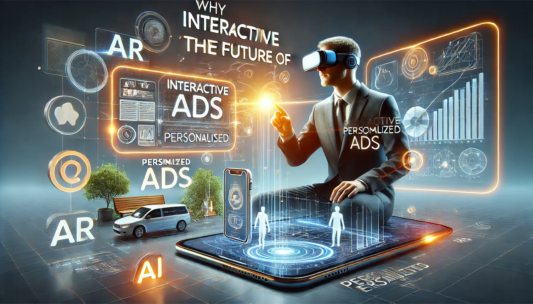 An illustration showing a user interacting with advanced digital advertising technology, such as augmented reality (AR), virtual reality (VR), or AI-powered personalized content.