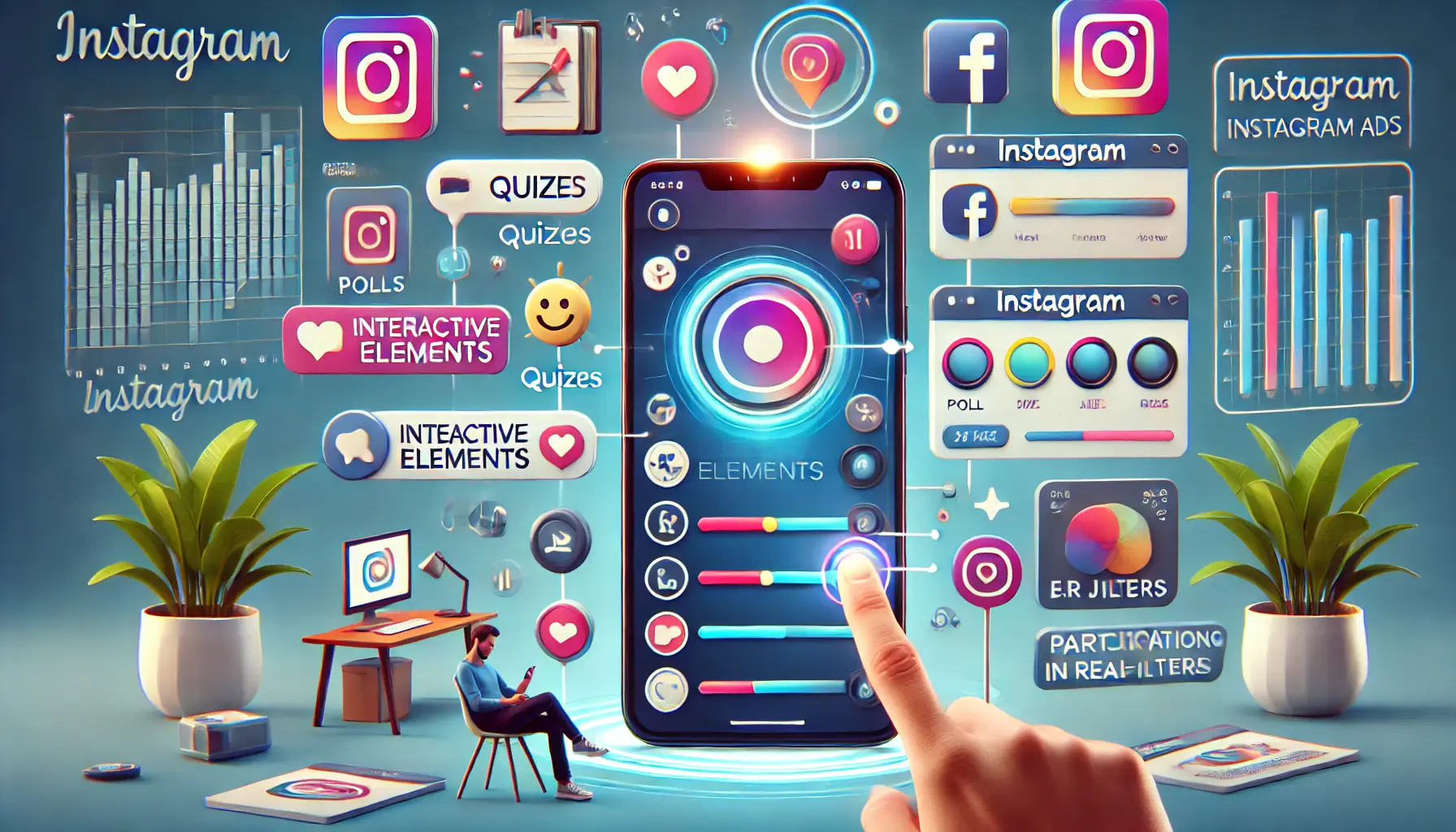 A digital marketing concept showcasing the importance of interactive elements in Instagram ads, featuring polls, quizzes, emoji sliders, and AR filters, with active user engagement.