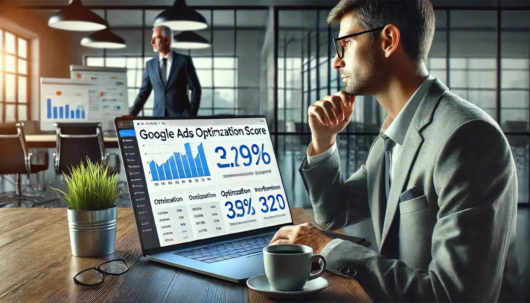 A business professional analyzing a Google Ads performance dashboard on a laptop, displaying graphs and optimization scores to represent the importance of the Optimization Score for advertisers.