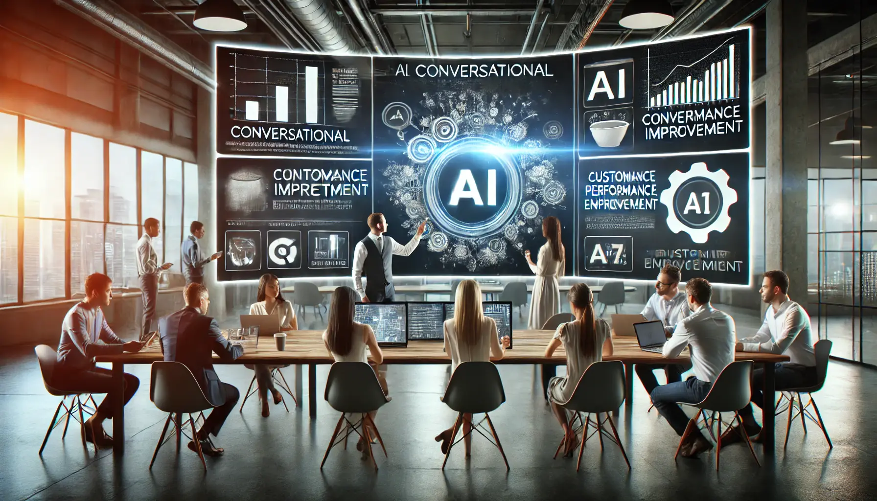 A team of professionals analyzing the impact of conversational AI in advertising, with visuals of campaign results and performance metrics displayed on large screens.