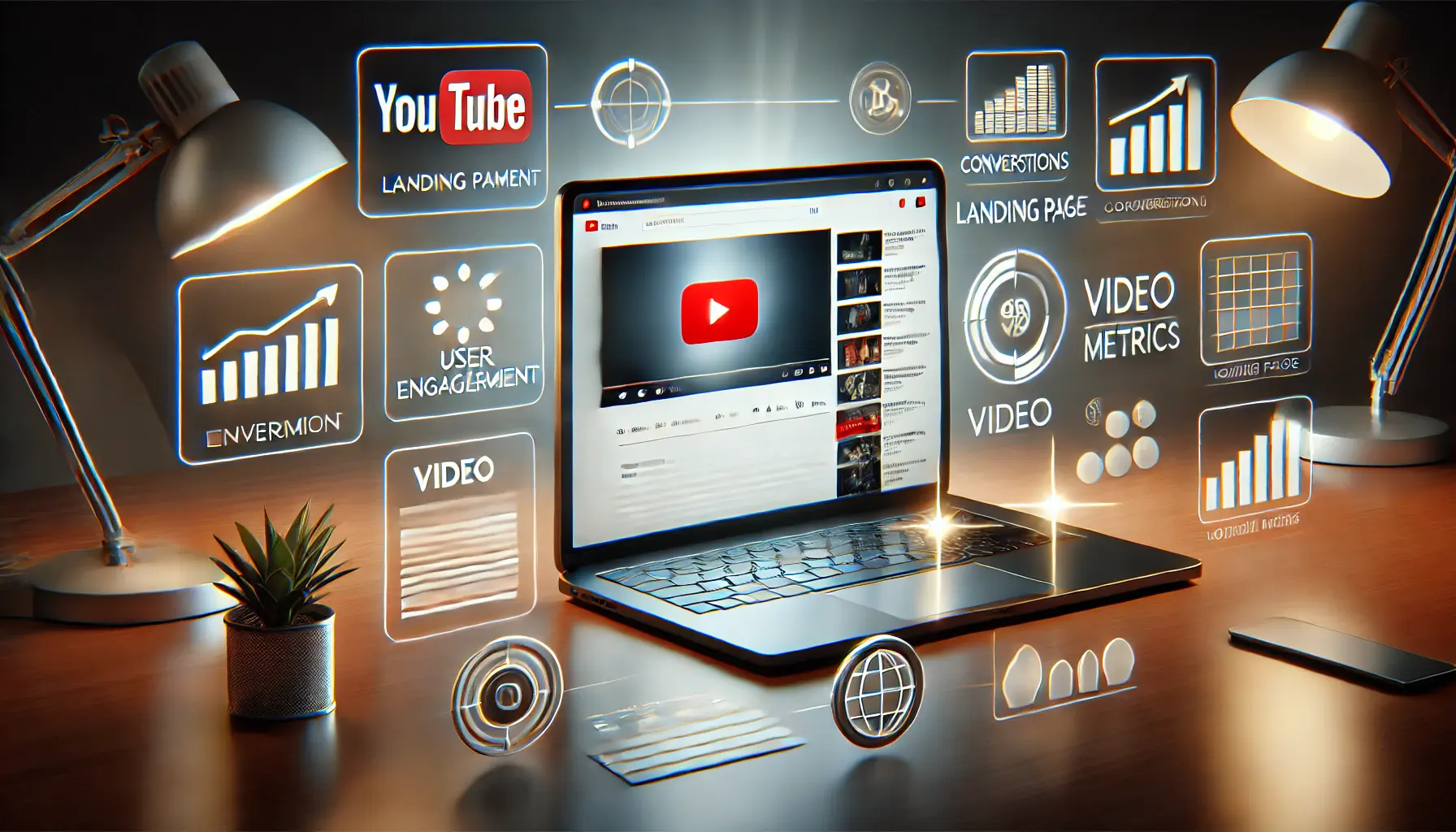 A transition from a YouTube video interface to a well-designed landing page on a laptop, surrounded by digital icons symbolizing engagement and conversions.