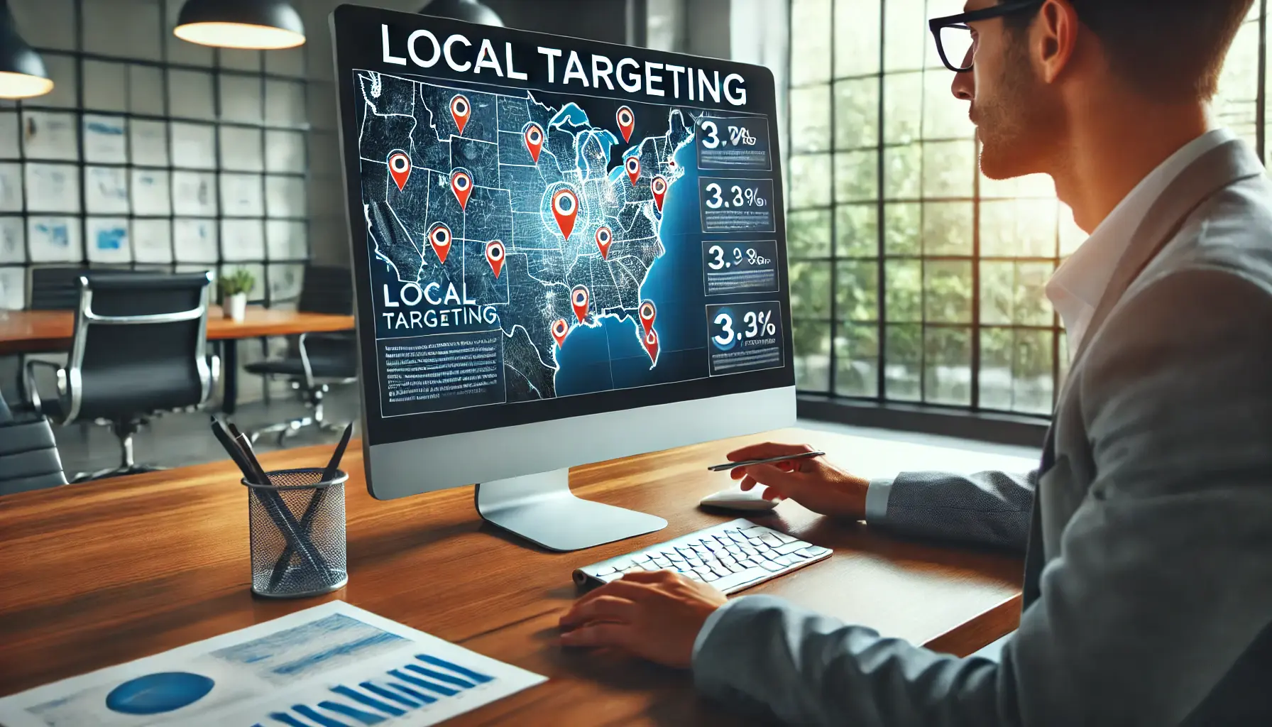 A digital marketer analyzing the importance of local targeting with a map on the computer screen showing highlighted local areas.