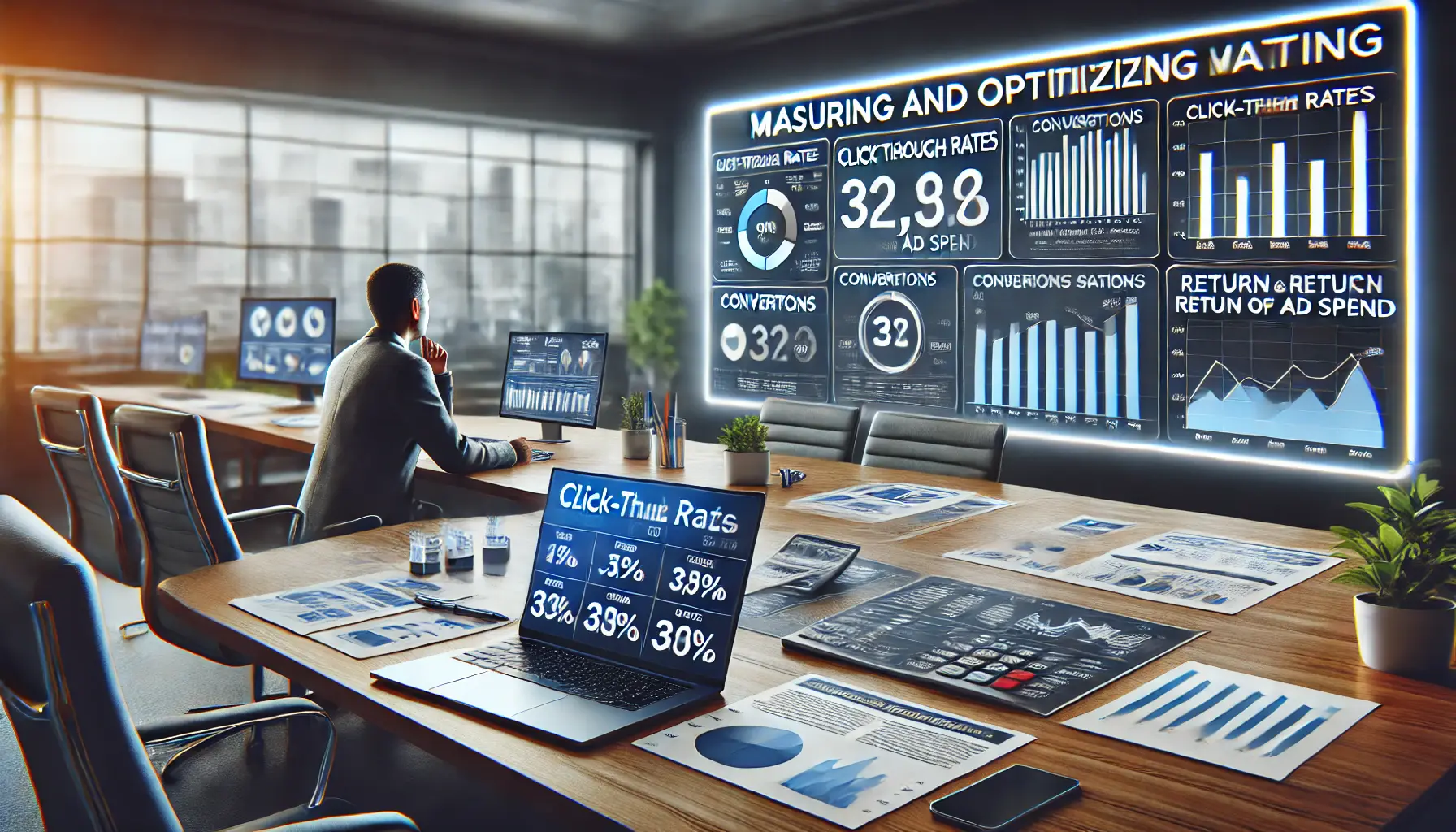 A digital marketer analyzing performance data and key metrics on a large screen in a modern workspace.