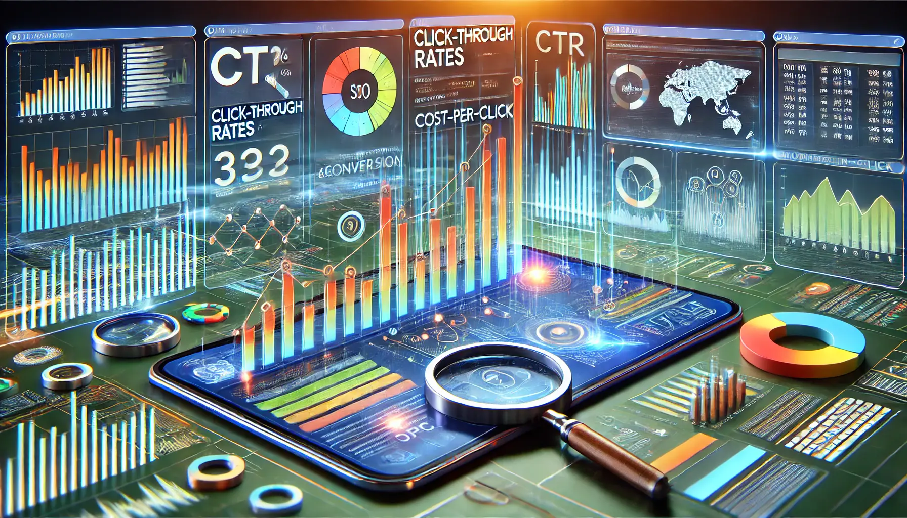 A digital dashboard displaying various performance metrics, such as click-through rates and conversion rates, with graphs and vibrant charts.