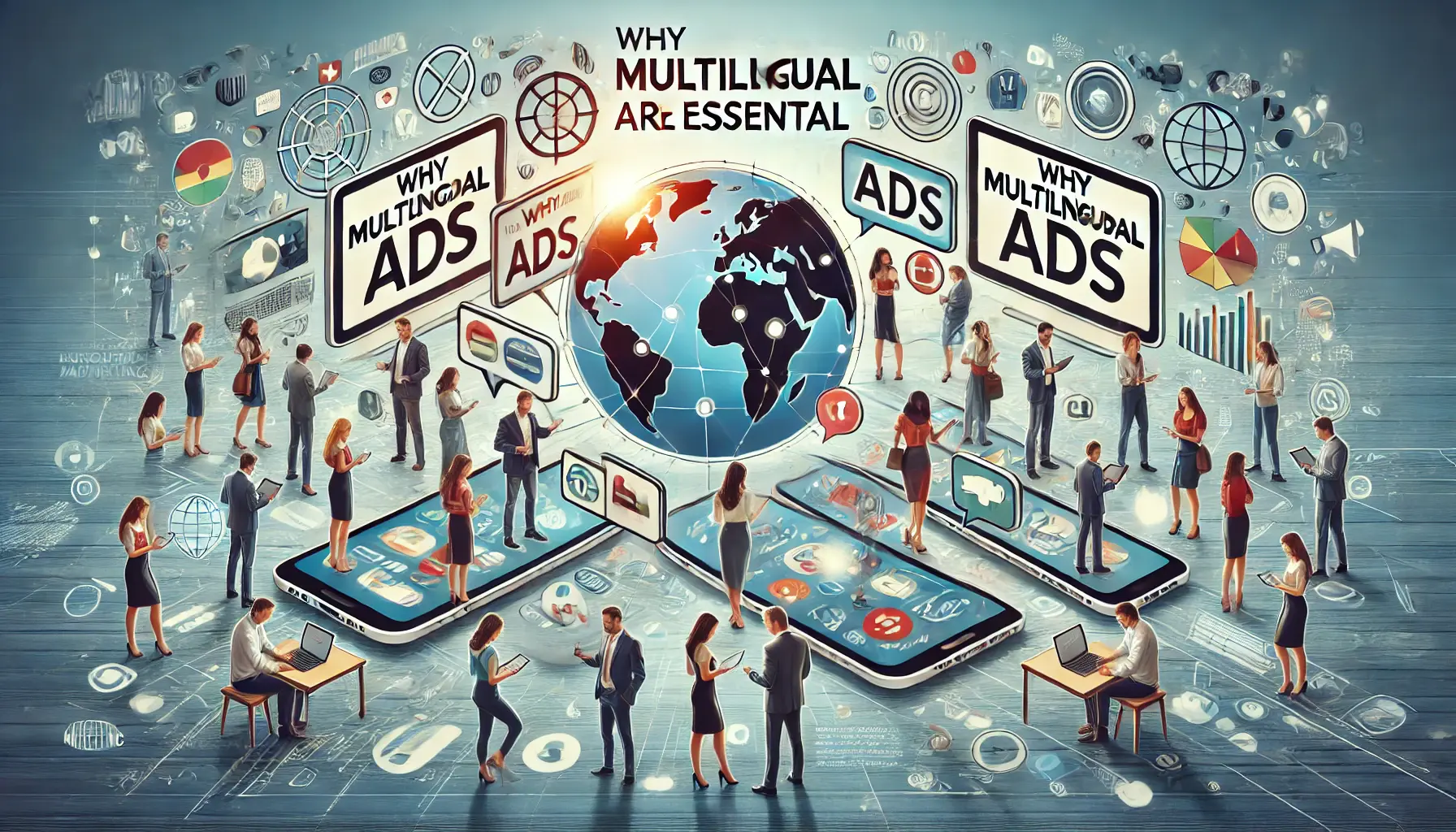 A diverse group of people from different cultural backgrounds interacting with multilingual ads on various devices, surrounded by symbols of language and communication.