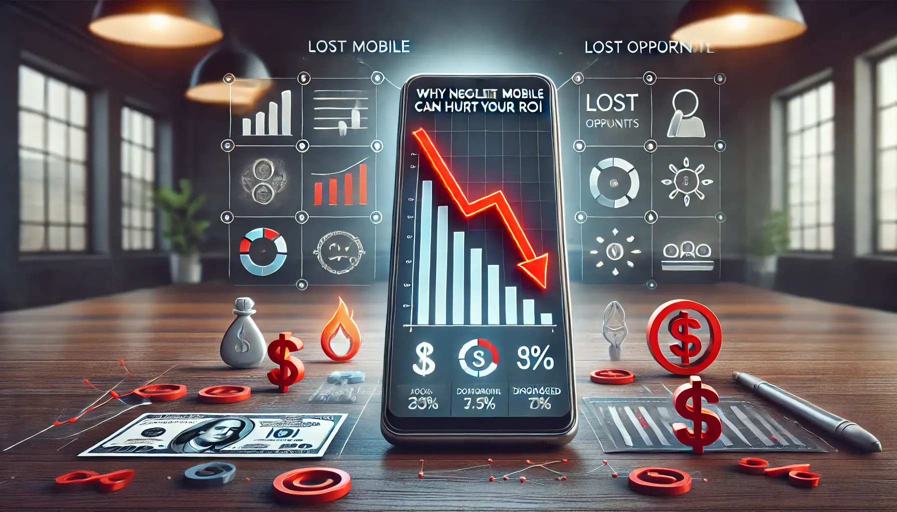 A smartphone displaying a declining ad performance dashboard with symbols of lost opportunities and disengaged users.