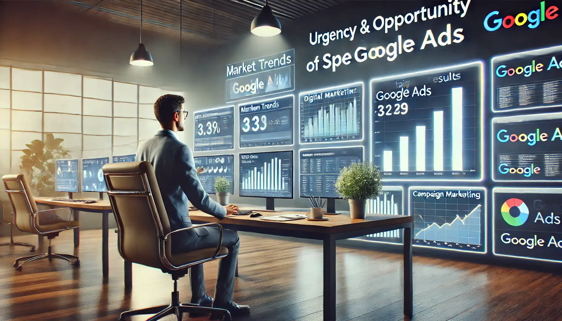 A professional in a modern office reviewing market trends and Google Ads campaign results, highlighting the growing importance of digital advertising.