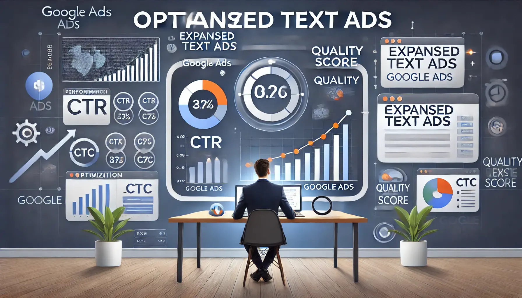 A digital marketer analyzing performance metrics like CTR and CPC on a large screen with optimization icons and tools.