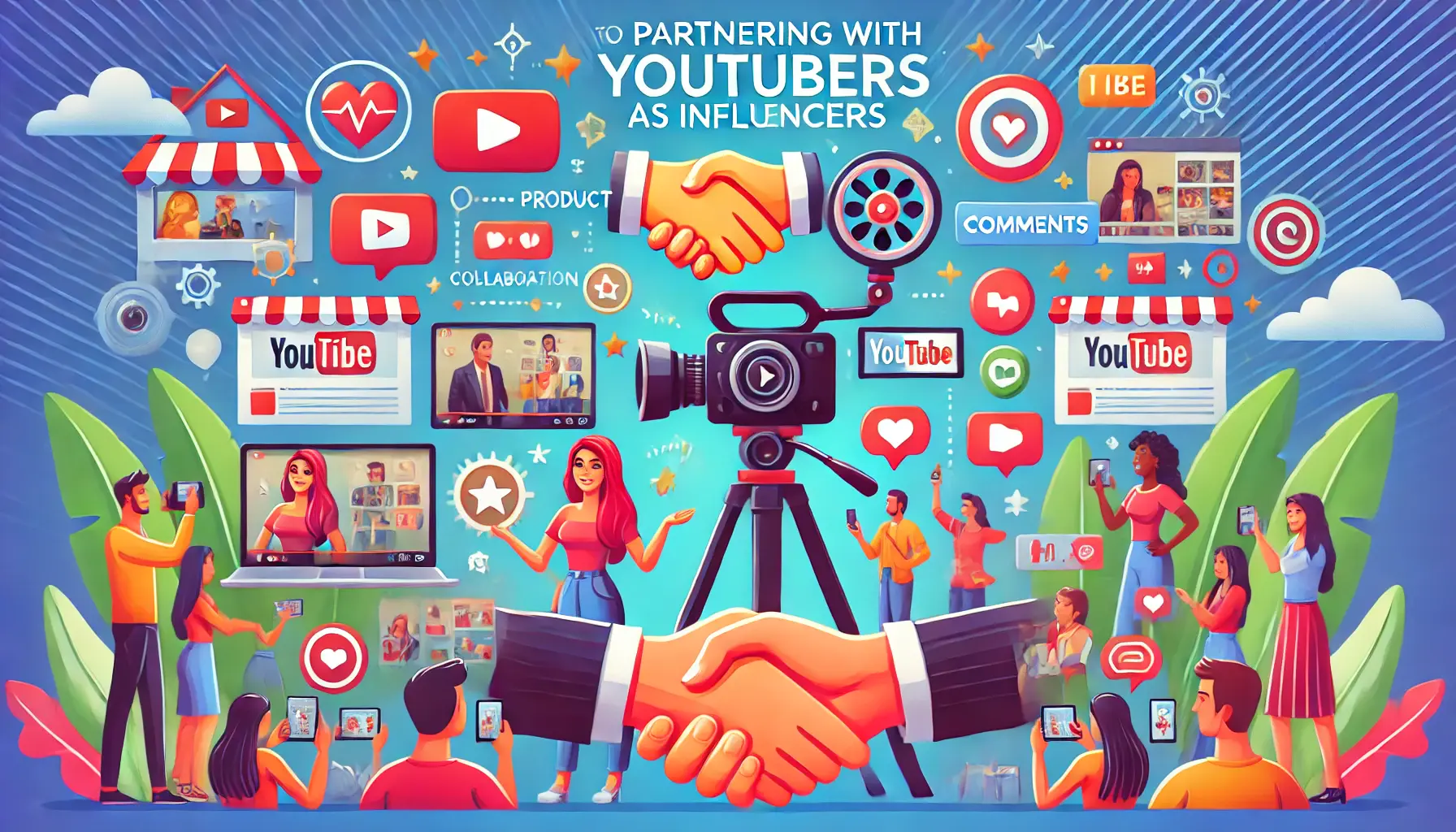 An illustration depicting collaboration with YouTubers as influencers, showing a content creator recording a video, audience engagement icons, and a handshake symbolizing partnership.