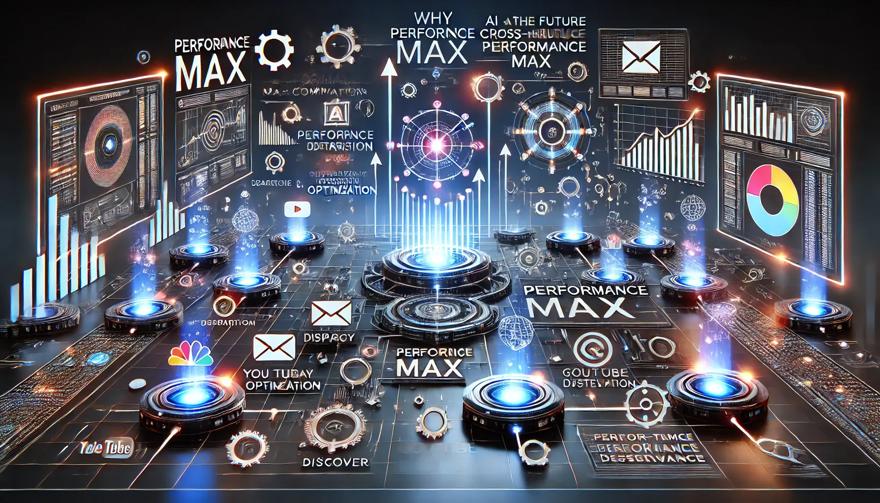 A visual representation of why Performance Max campaigns are the future of digital advertising, showcasing multiple connected platforms and AI-driven optimization.