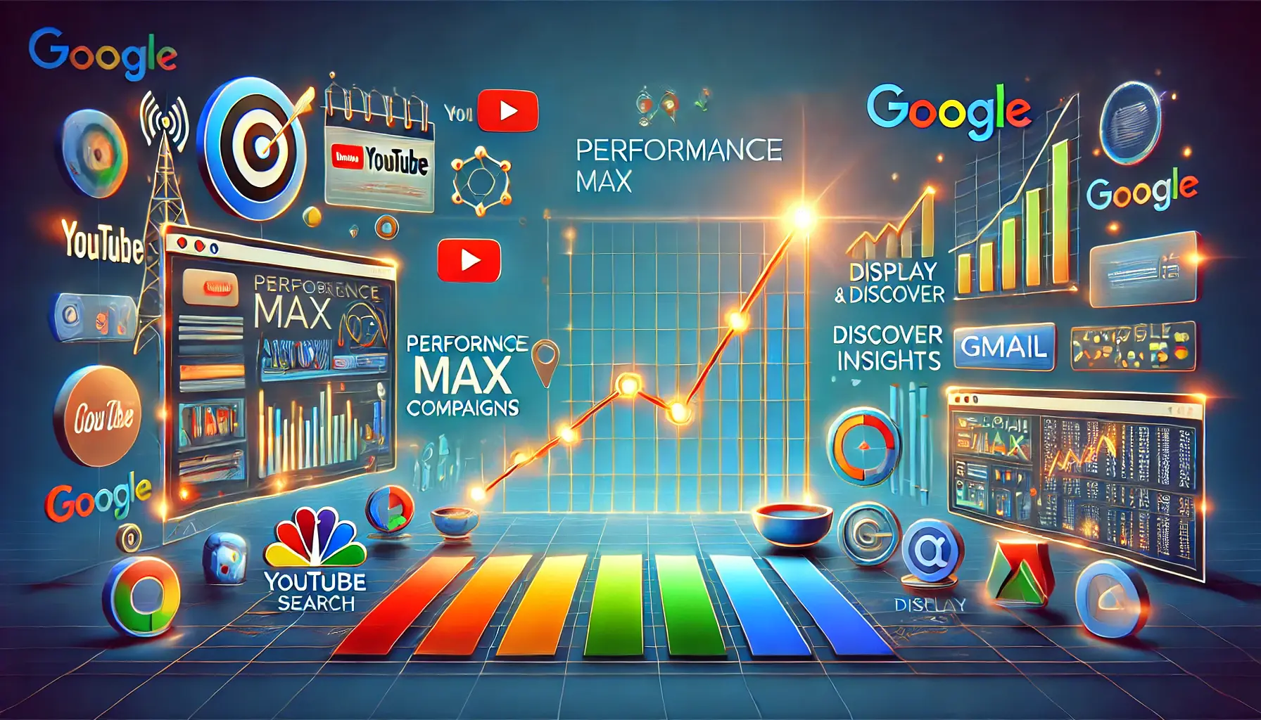 A professional illustration showing a digital marketing dashboard with multiple Google platforms like YouTube, Search, Display, Discover, and Gmail, symbolizing the cross-channel reach of Performance Max campaigns.