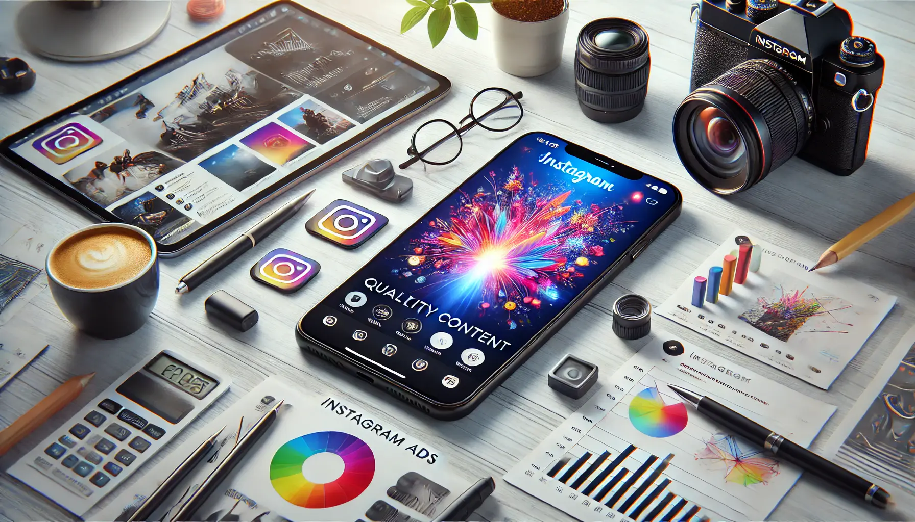 A smartphone displaying a vibrant Instagram ad surrounded by creative tools like a camera, a tablet with analytics, and a sketchpad with ad design ideas in a modern workspace.