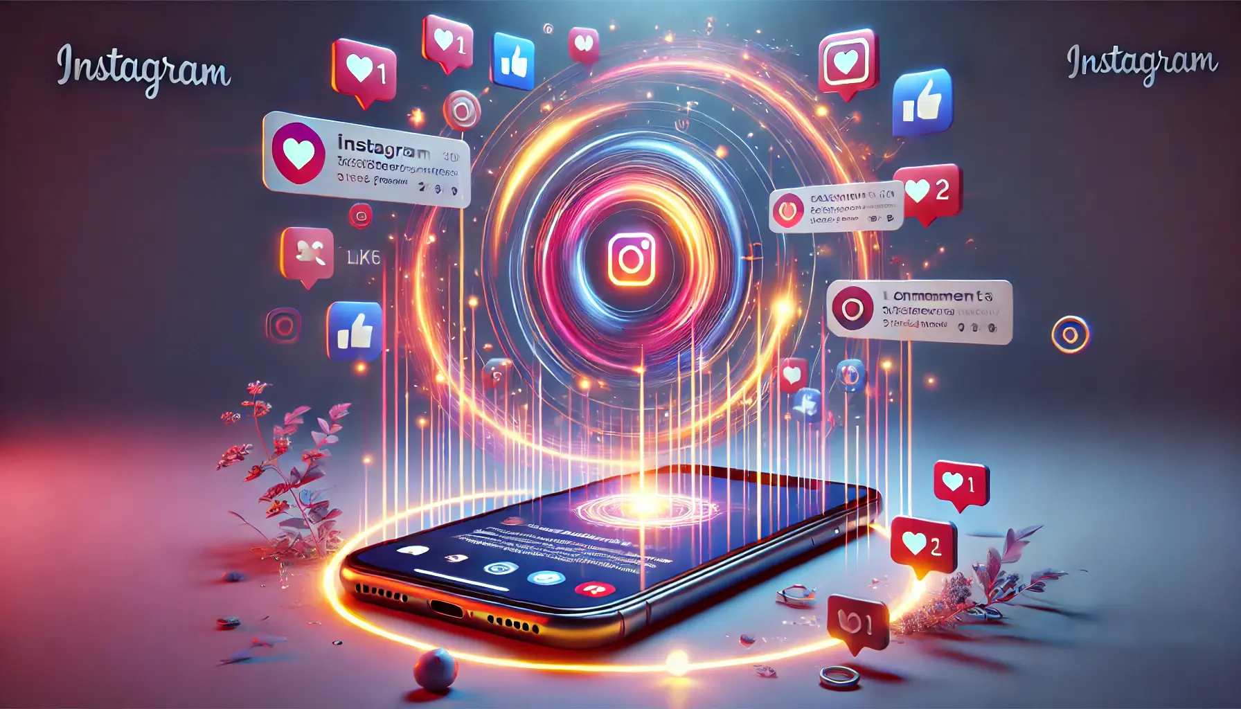 A vibrant image showing a smartphone displaying a full-screen Instagram Reel with glowing engagement metrics like likes, shares, and comments.