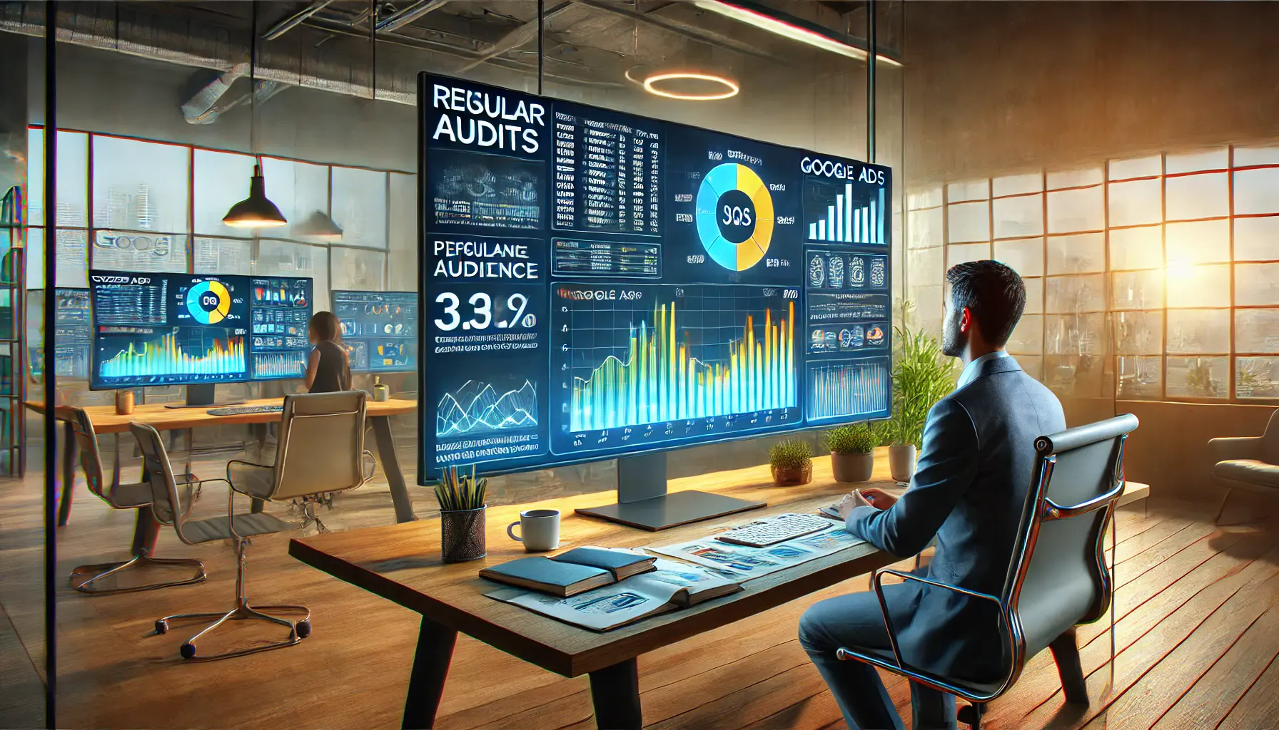 A marketing professional analyzing performance metrics on a large screen with vibrant charts and graphs, symbolizing the importance of regular audits for campaign success.