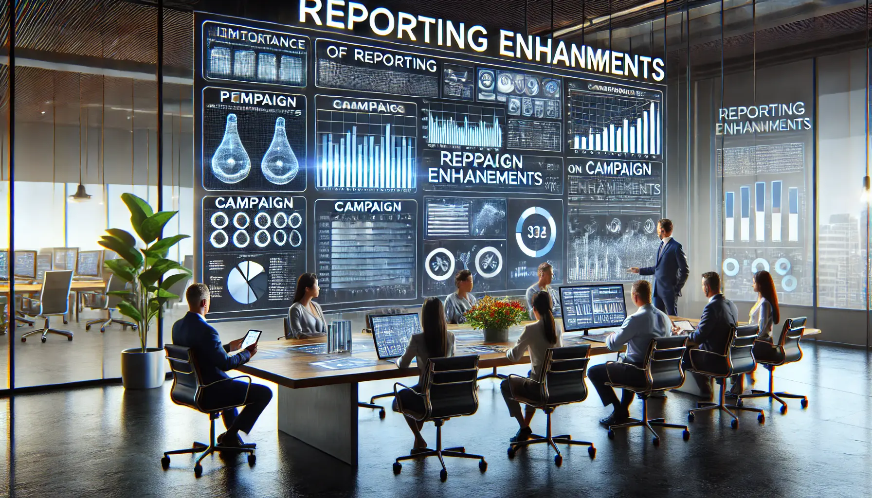 A team of professionals analyzing the importance of reporting enhancements in a digital marketing workspace with large screens displaying campaign performance data.