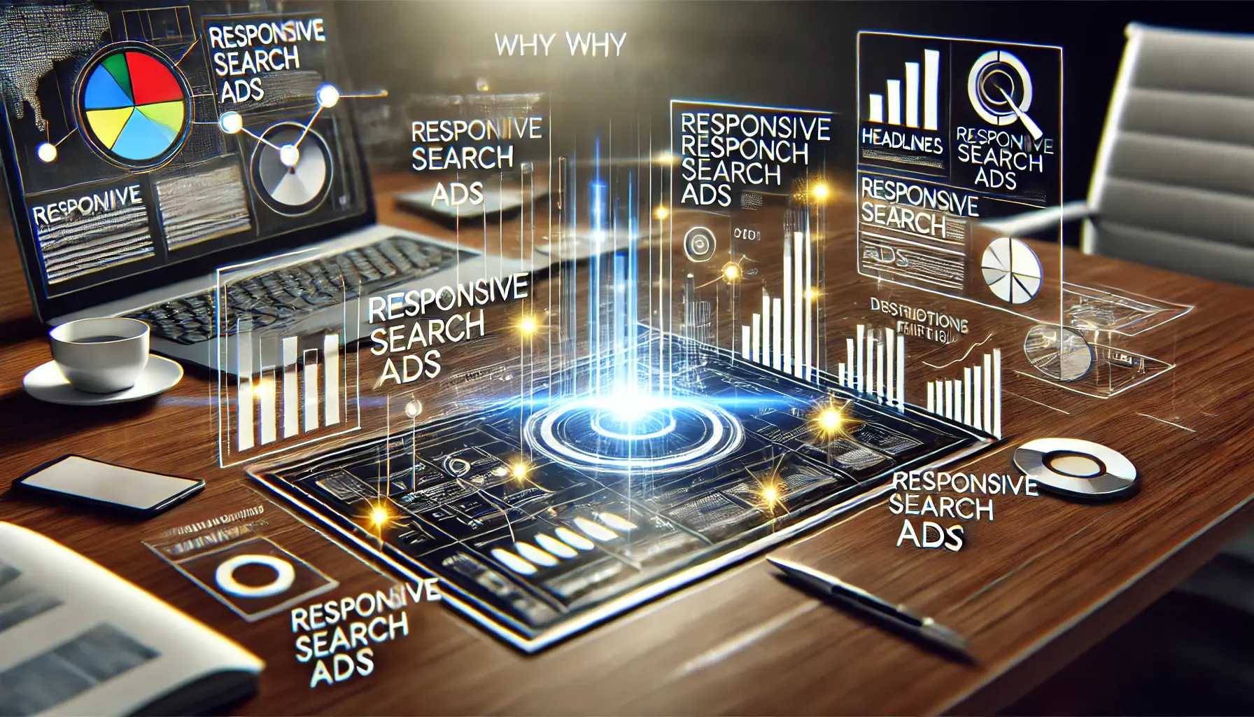 Visualization of why responsive search ads are essential, with dynamic graphs, ad components, and glowing lines.