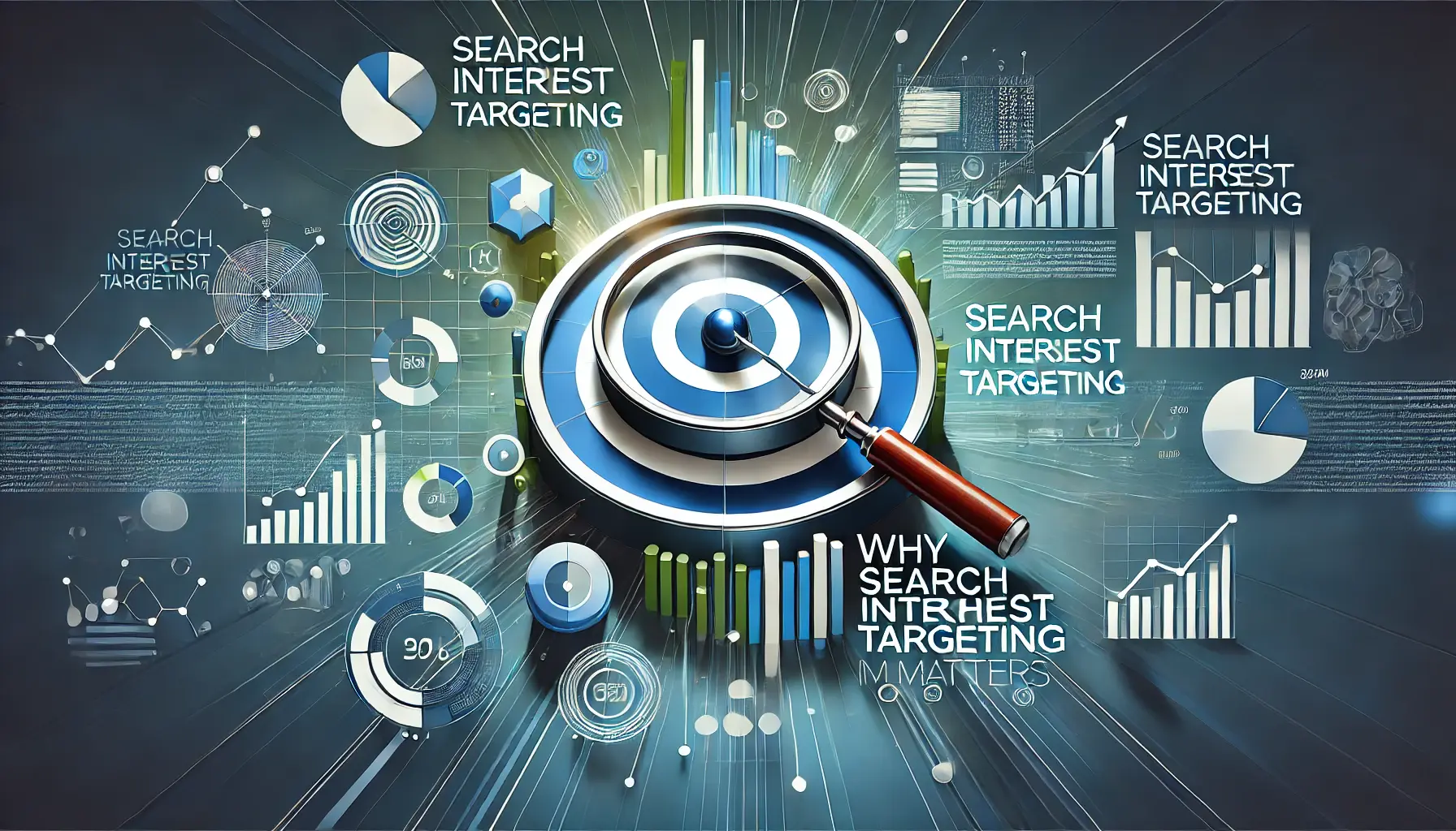 Abstract image representing why search interest targeting matters, with a magnifying glass focusing on a target, data analytics, graphs, and digital devices.