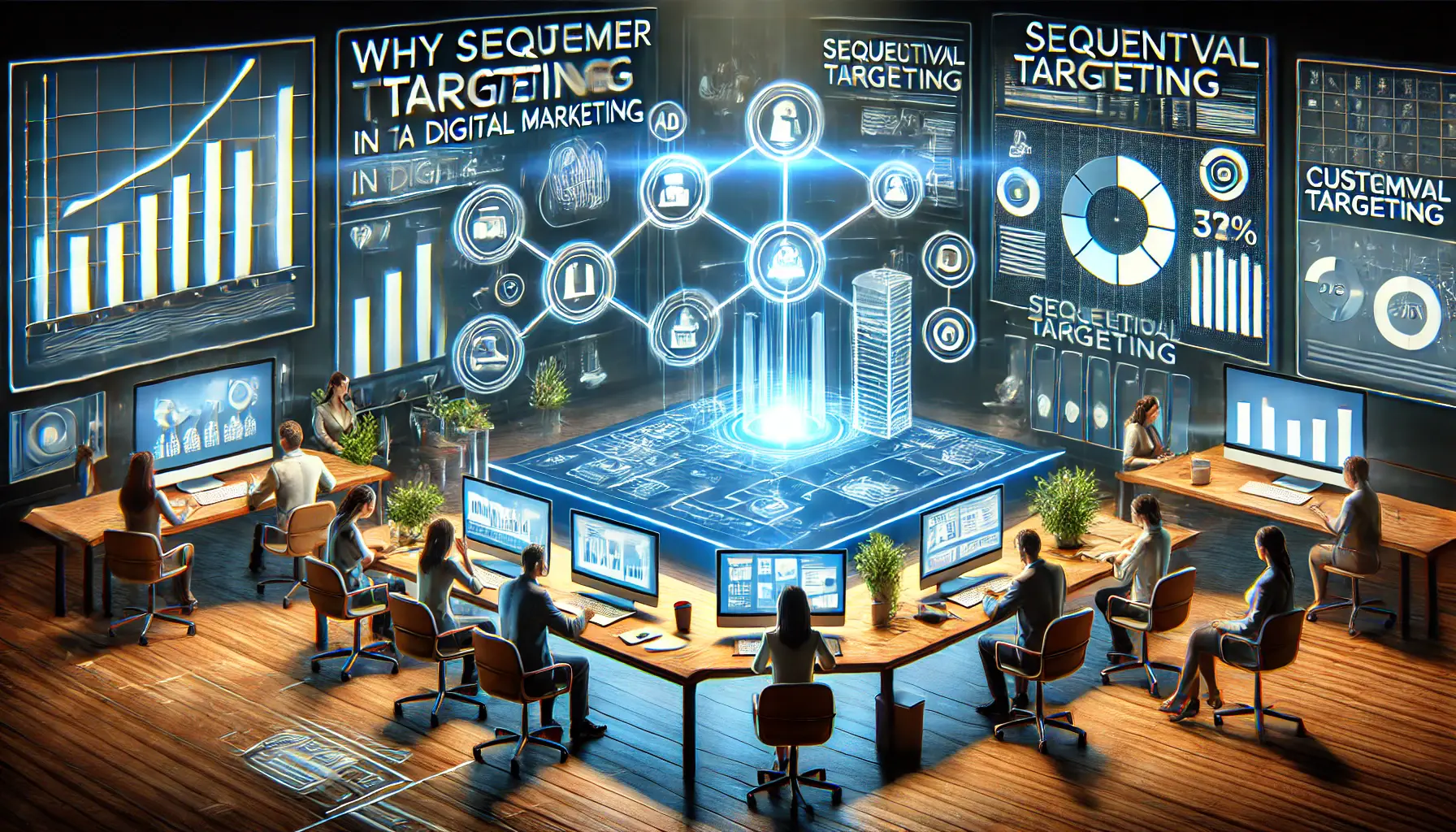 A digital workspace showing customer journey maps, ad sequences, and performance results to emphasize the importance of sequential targeting.