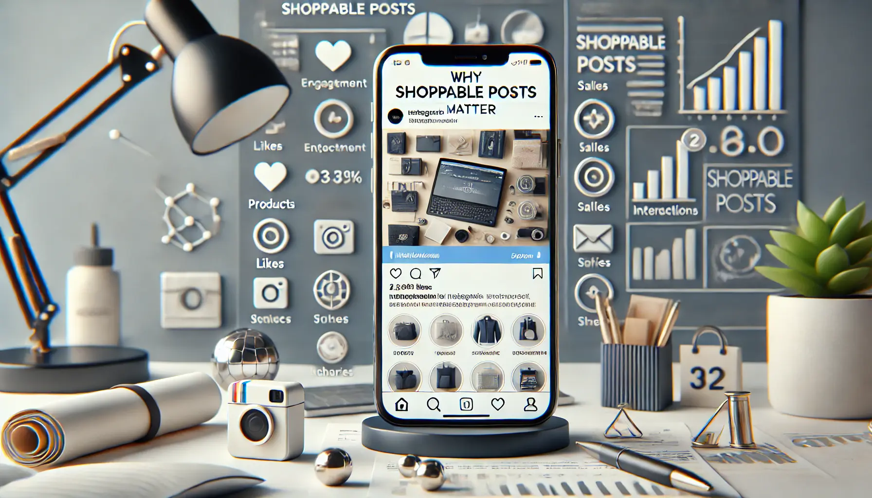 A smartphone displaying a high-engagement Instagram shoppable post with product tags and interactions like likes, comments, and shares.