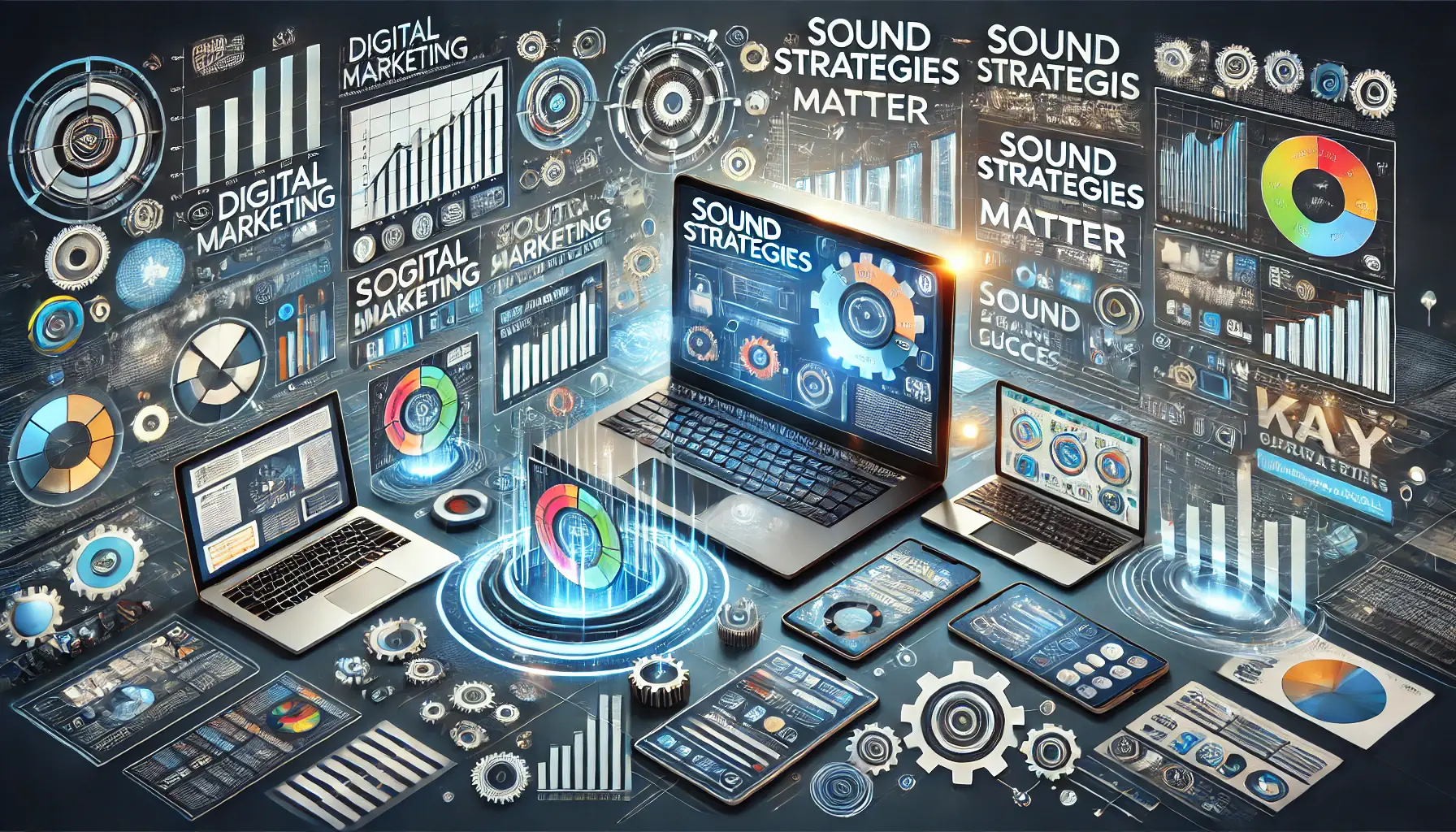 Illustration emphasizing the importance of sound strategies in digital advertising with key metrics and devices.