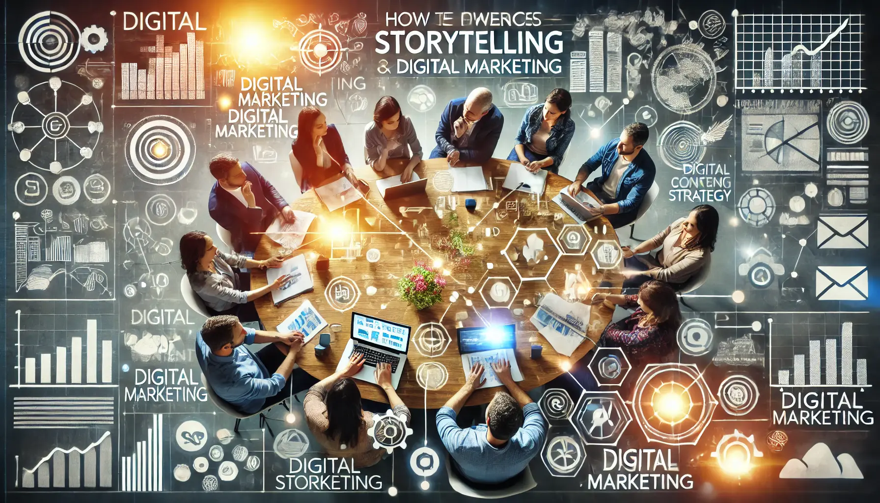 A group of people collaborating on digital marketing strategy, using laptops and tablets to brainstorm storytelling ideas, surrounded by charts and creative symbols.