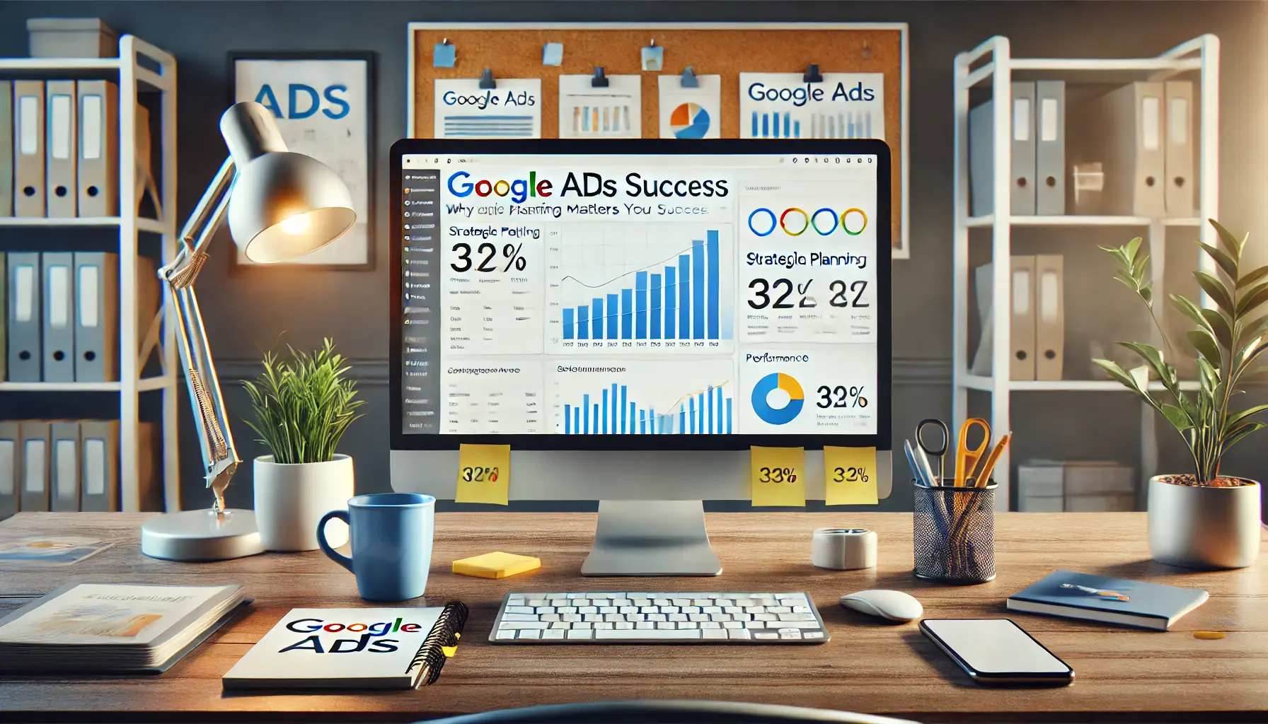 A professional digital marketing workspace with a computer monitor showing Google Ads analytics and performance graphs, surrounded by sticky notes and tools.