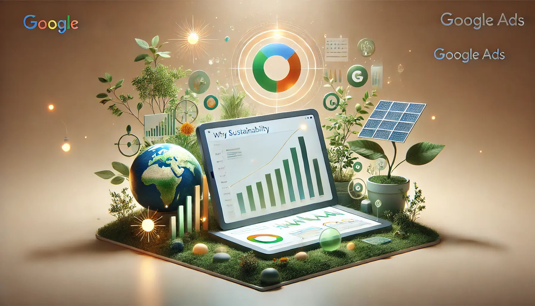 Illustration showing a digital interface with ad analytics surrounded by eco-friendly elements like green vines and a glowing Earth icon.