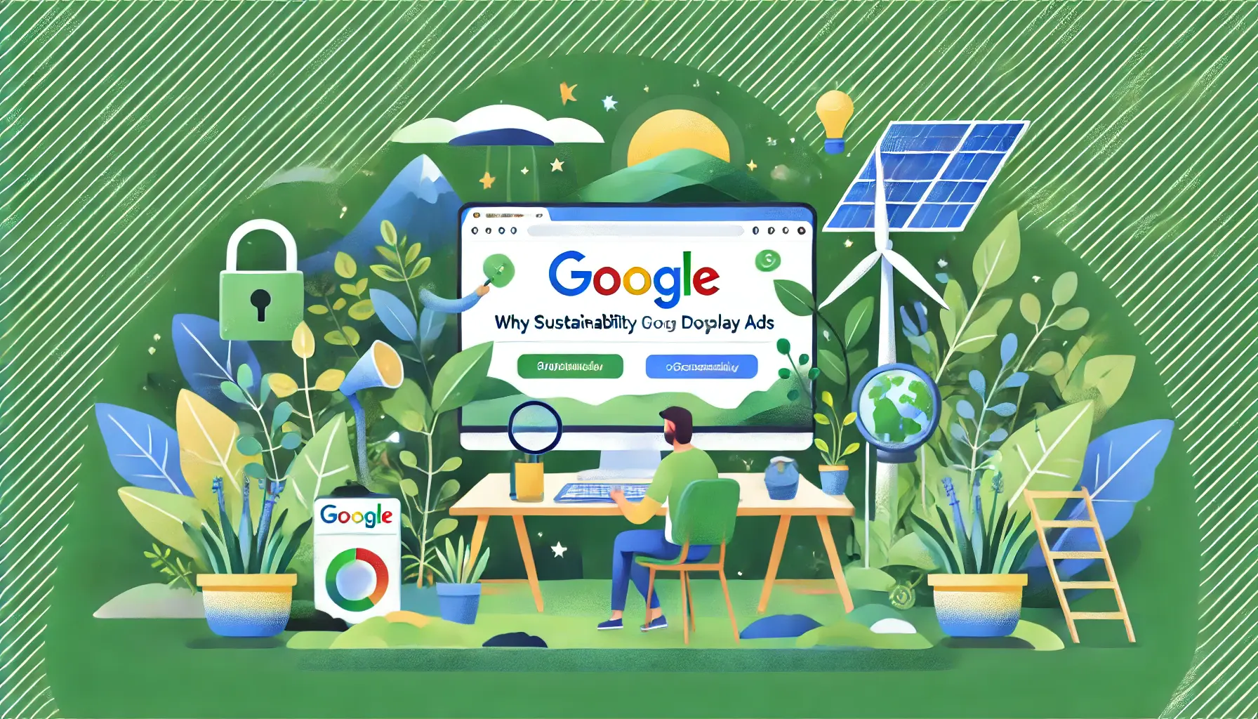 Illustration of a digital marketer analyzing Google Display Ads on a screen, surrounded by eco-friendly elements like plants and solar panels.