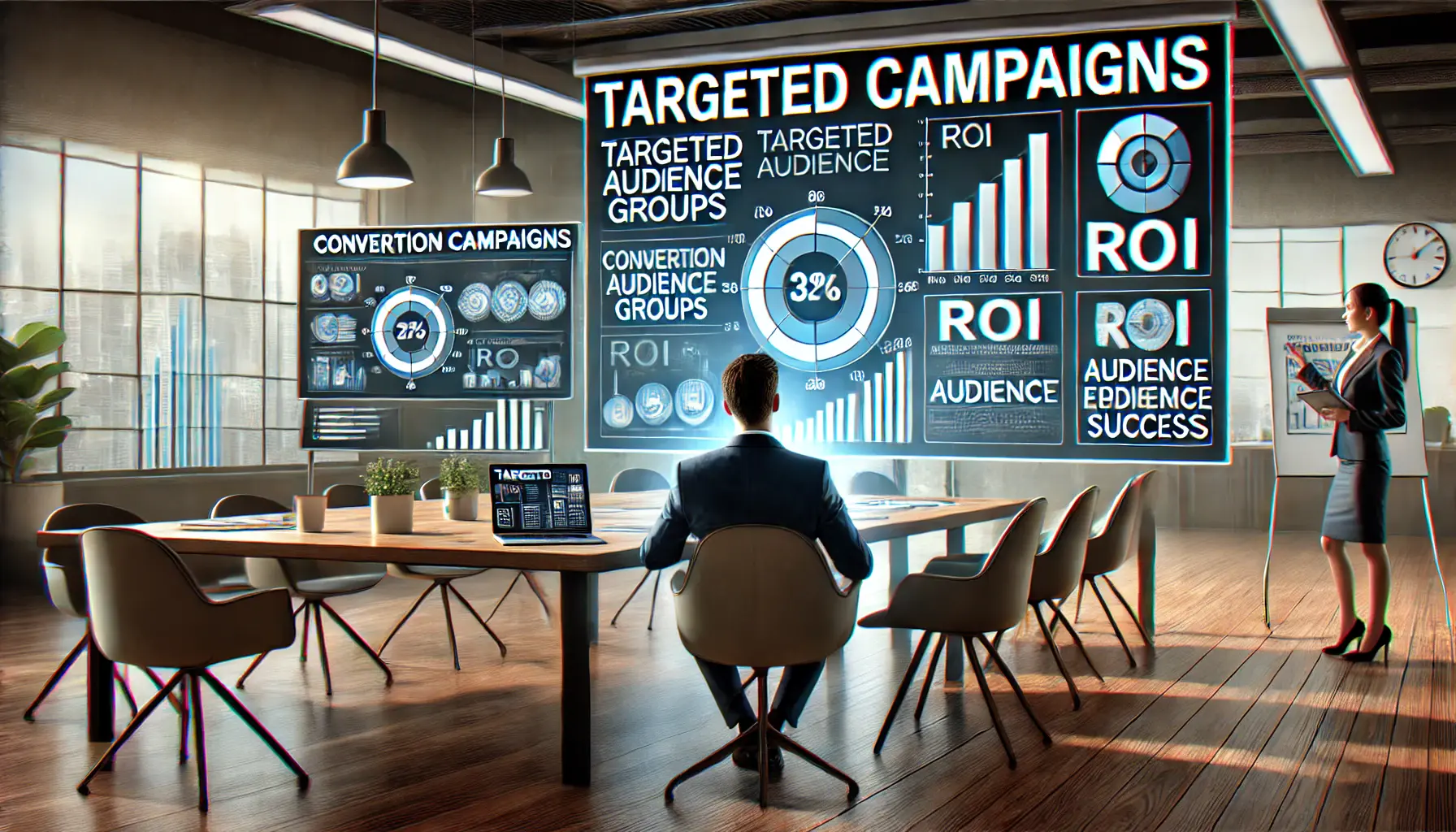 An illustration of a marketer analyzing performance metrics such as conversion rates and ROI, highlighting the success of targeted campaigns.