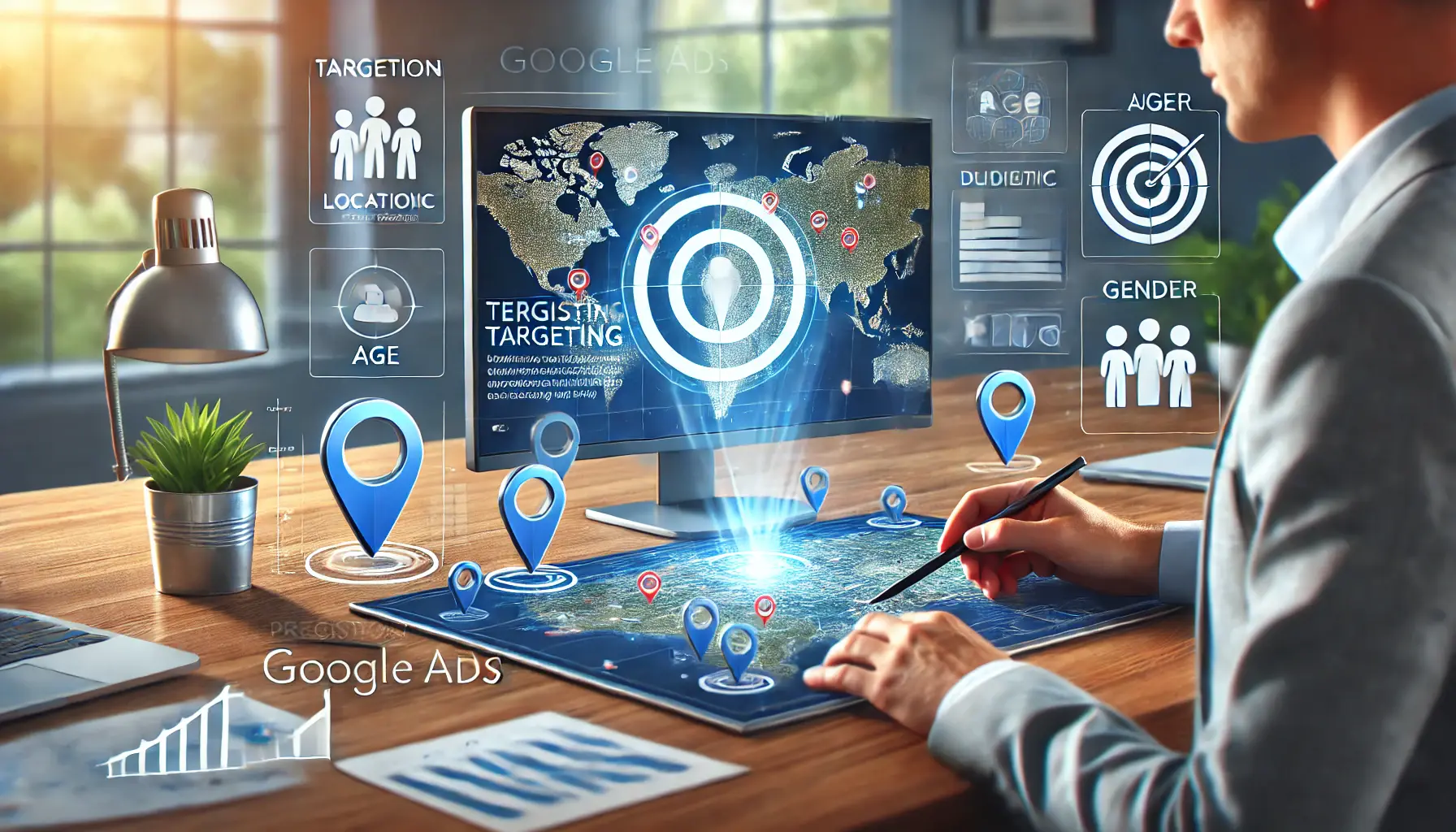 A marketer analyzing a digital map with location pins, demographic icons, and targeting symbols like a bullseye, showcasing Google Ads targeting strategies.