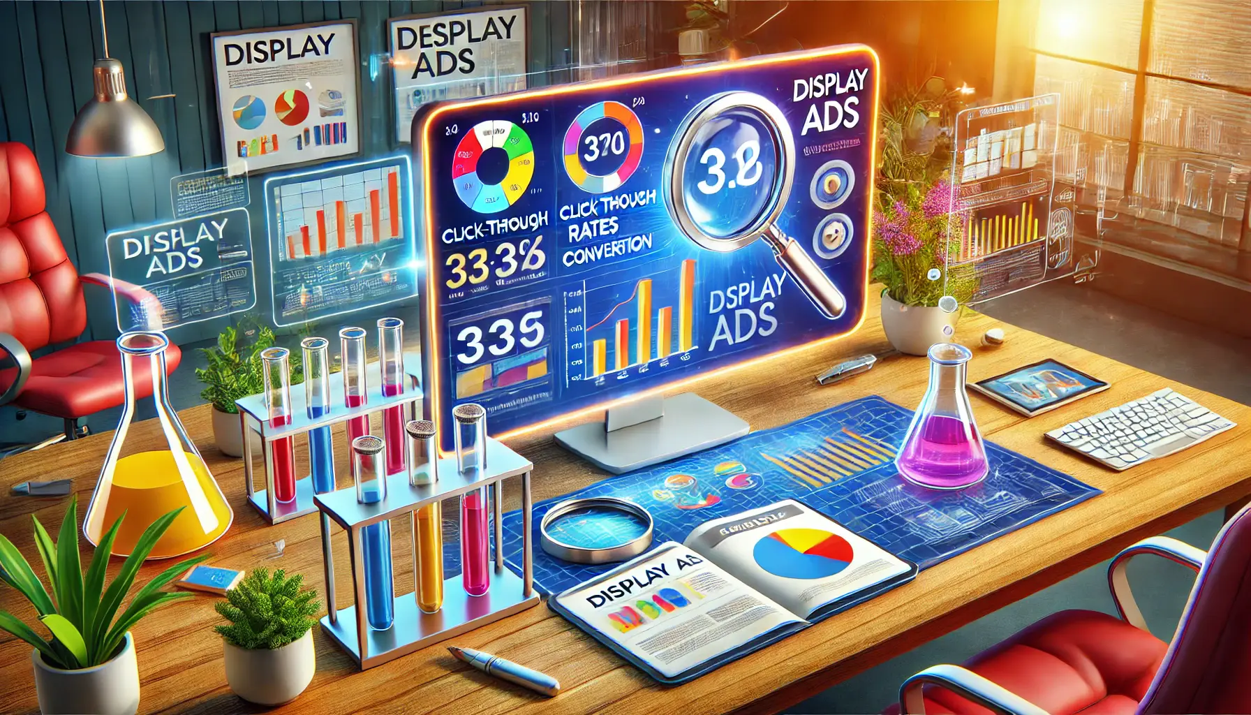 A vibrant workspace showcasing a digital marketer analyzing ad performance with comparison charts and precision tools like a test tube and magnifying glass.