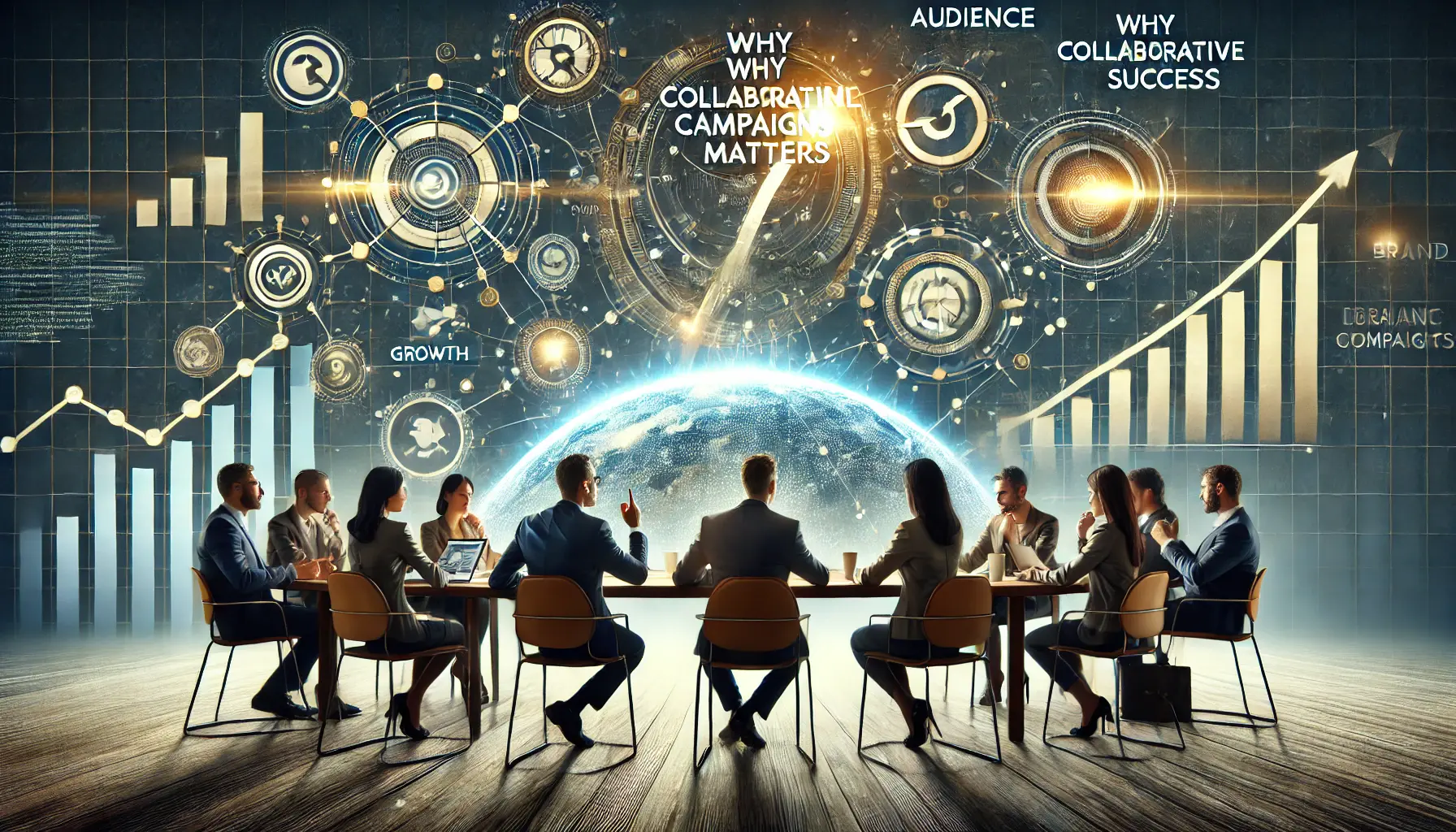 Image of marketers brainstorming around a table with a digital screen displaying brand metrics like growth and engagement.