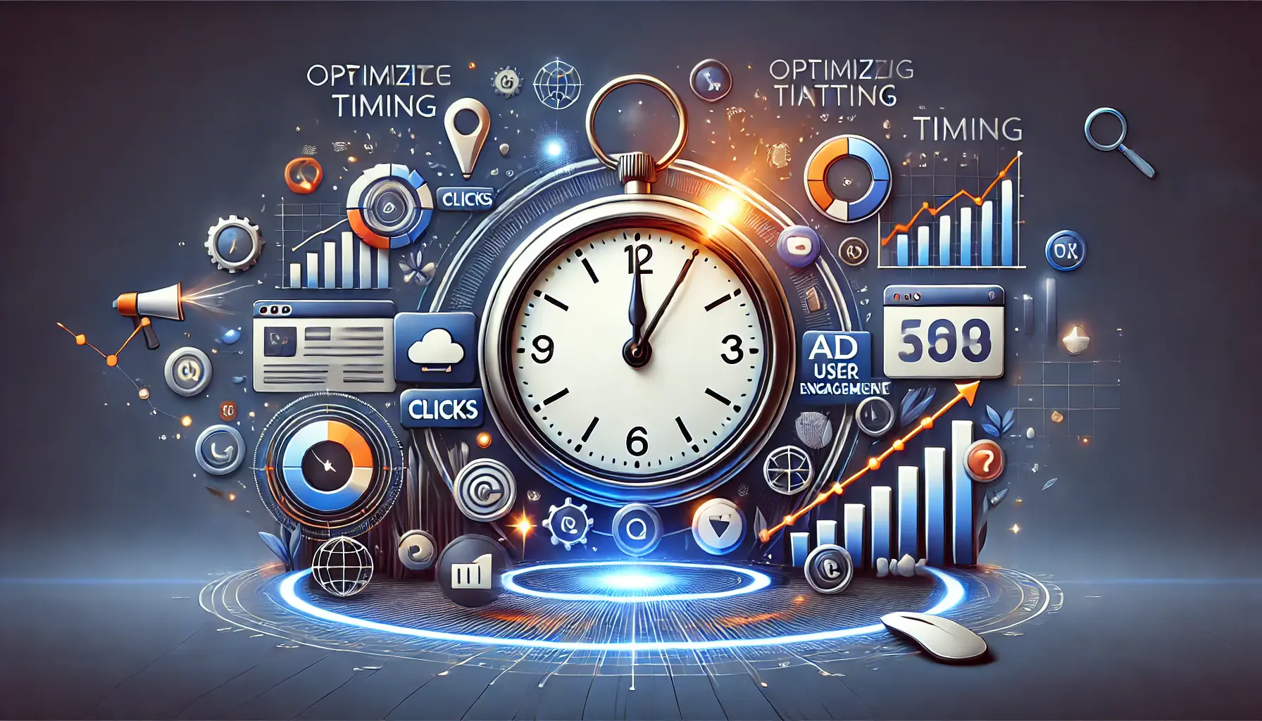 An image featuring a clock with strategic timing, surrounded by dynamic ad elements like graphs and engagement icons, emphasizing the importance of timing in digital advertising.