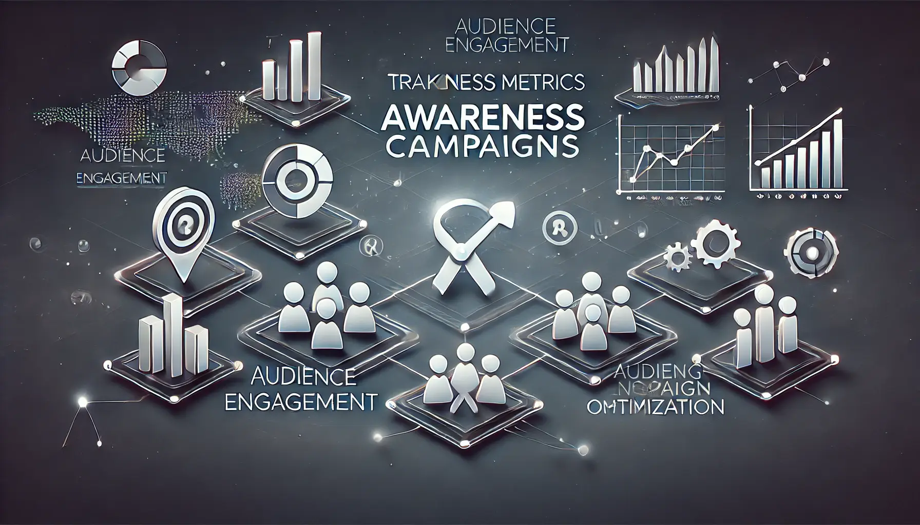 An illustration showing analytics charts, audience engagement symbols, and interconnected lines representing the importance of tracking metrics in awareness campaigns.