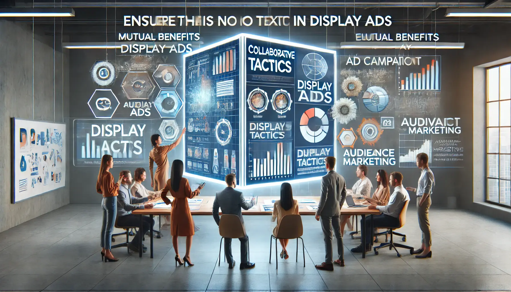 Two marketing teams collaborating in a modern workspace with a digital screen showing ad campaign concepts and audience data.