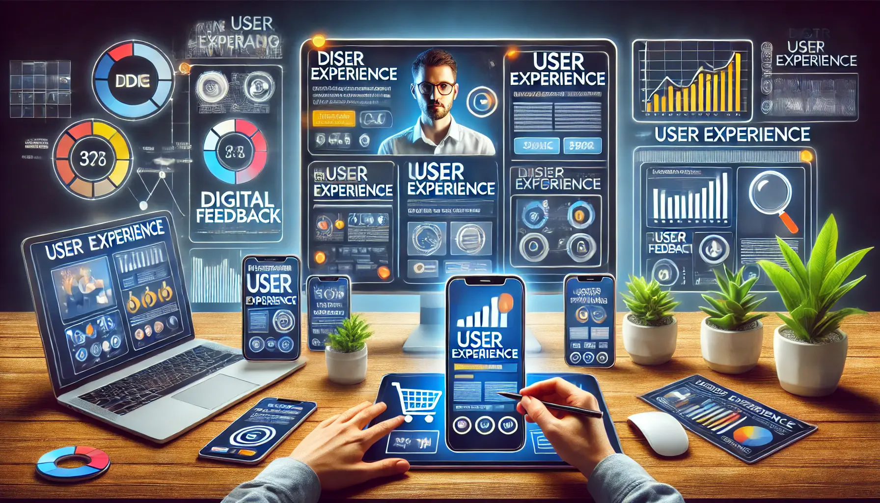 Image showing a marketer analyzing a user interface, focusing on intuitive design elements and user-friendly features, with multiple devices displaying seamless ads.