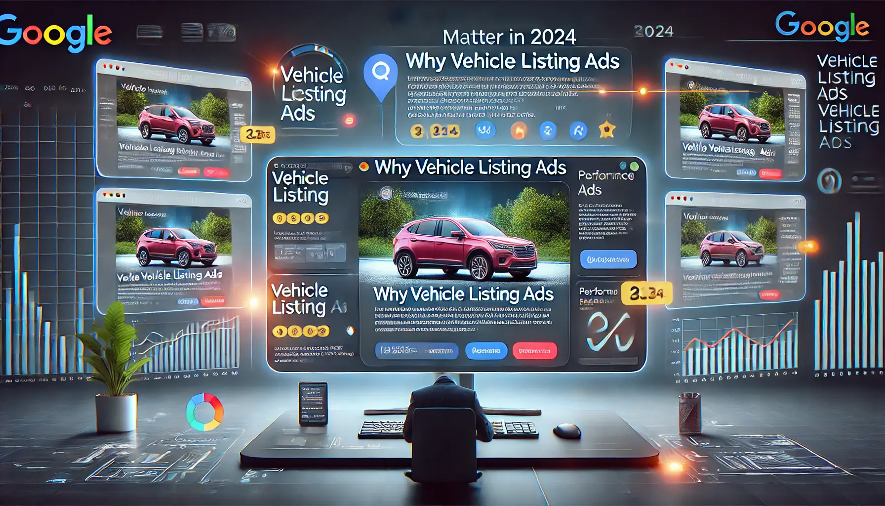 A digital interface showcasing vehicle listing ads with detailed information like car images, pricing, and specifications.