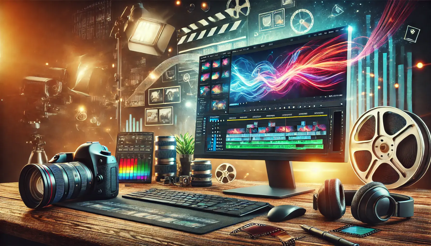 A creative workspace with a monitor displaying a vibrant video editing timeline, surrounded by tools like a camera and lighting equipment.