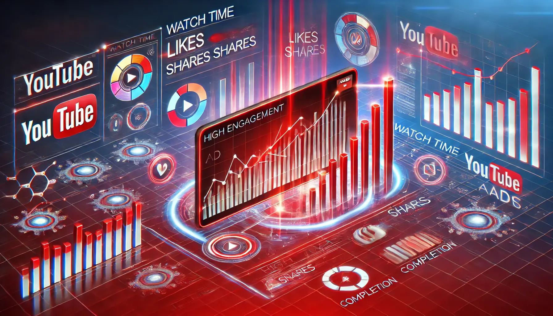 A dynamic digital illustration showcasing the impact of viewer engagement on YouTube Ads with metrics like watch time, likes, shares, and completion rates.