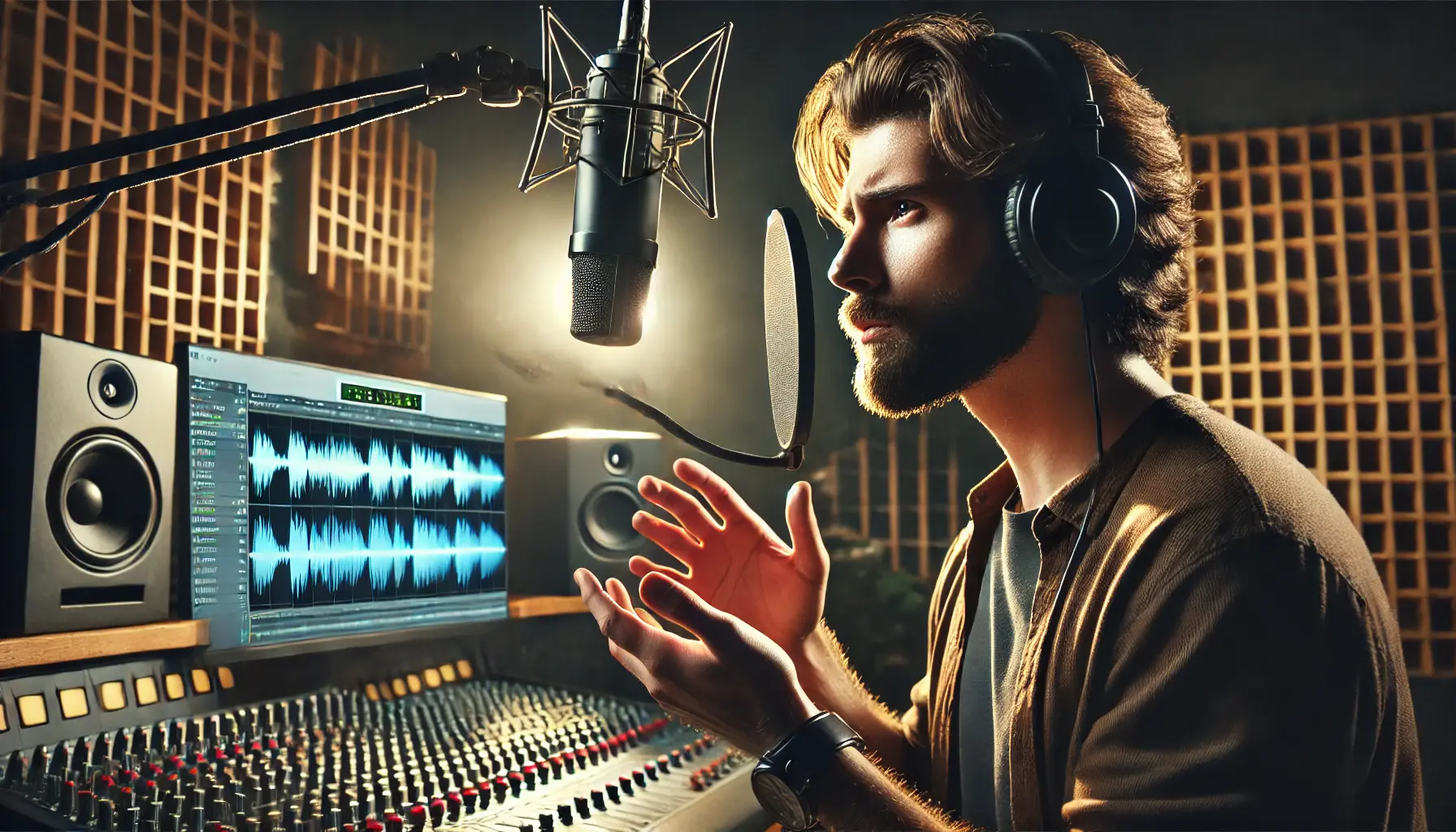 A voiceover artist recording in a studio, with a focused expression and a microphone, capturing the emotional connection of voiceovers.