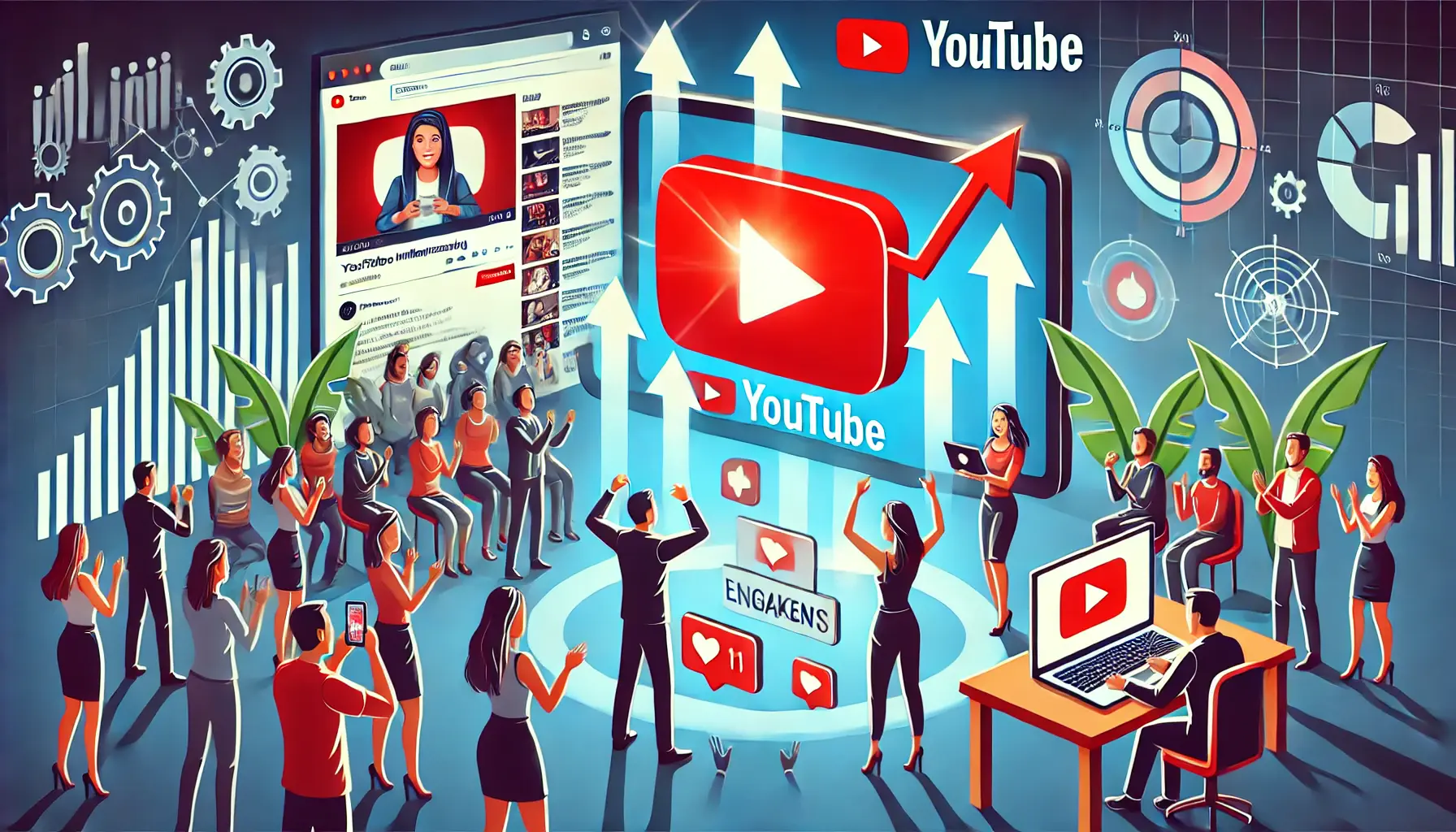 An illustration showing a content creator engaging with their audience while a marketer observes growing engagement metrics like likes, comments, and shares.